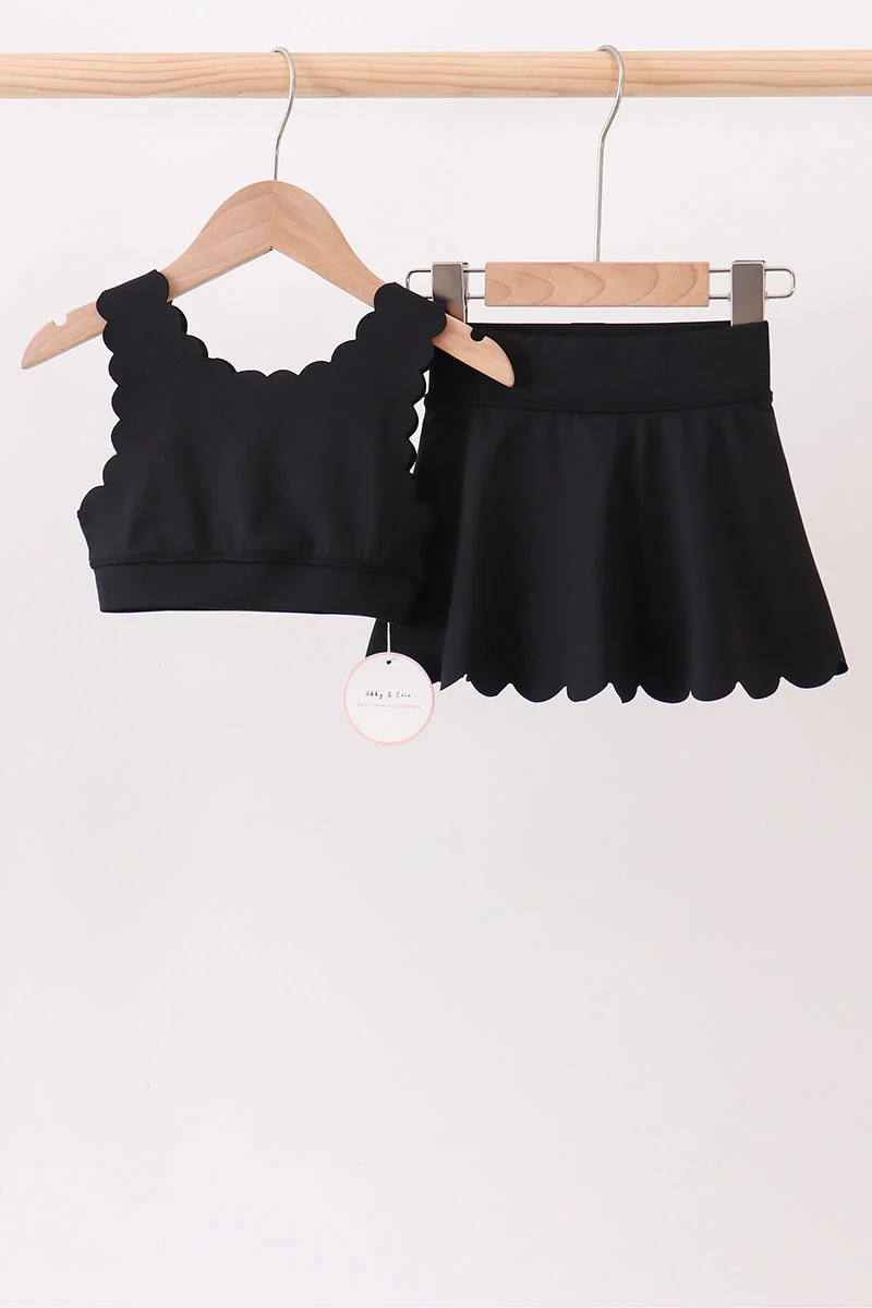 Environmentally Friendly Black Scalloped Yoga Skorts Set Powerful