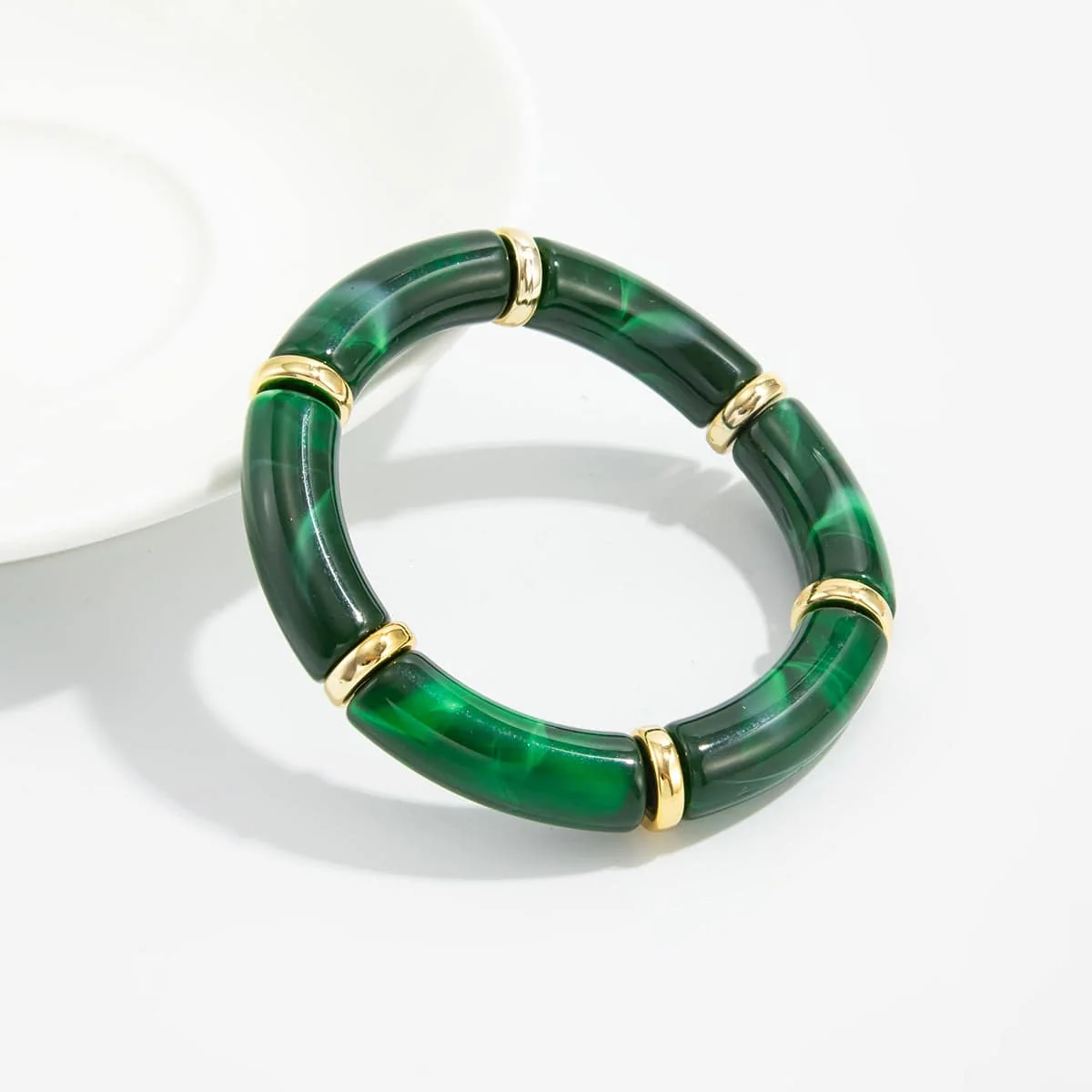 World-Class Green Resin Goldtone Sequin Joint Stretch Bracelet Versatile