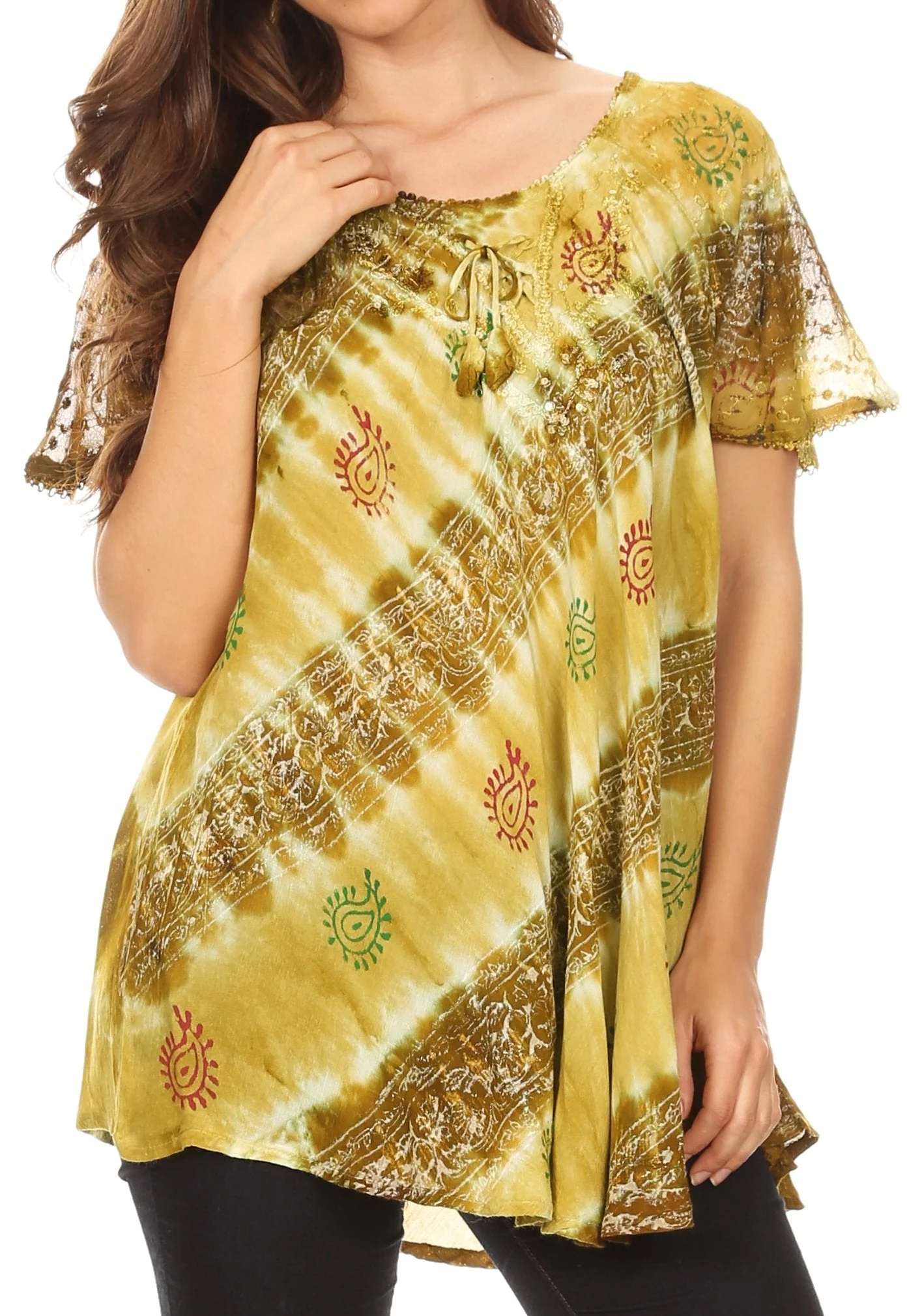 Classic Sakkas Flavia Womens Everyday Blouse Top with Tie-dye Block Print Light and Soft Responsible