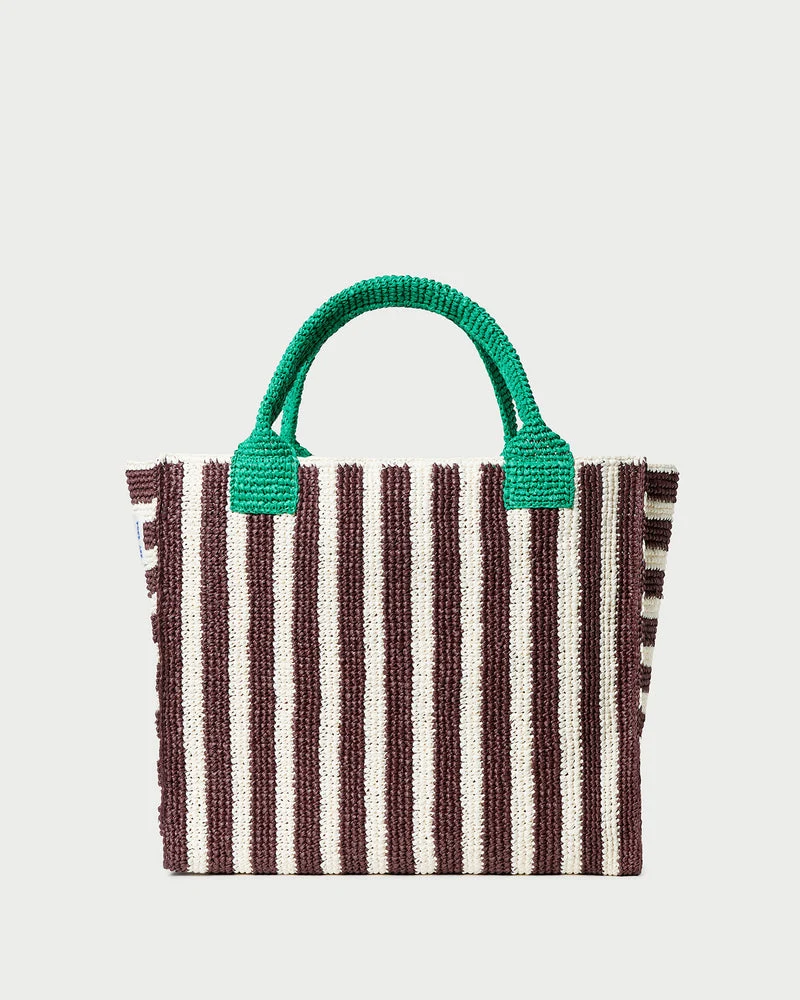 Official Loeffler Randall Sol Crochet Beach Tote in Green Brown White Stripe Consistent