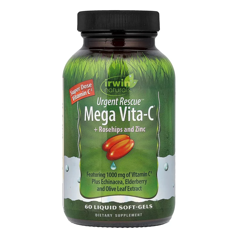 Certified Irwin Naturals Urgent Rescue Mega Vita C Plus Rosehips and Zinc Softgels for Immune System Support 60Ea Secure