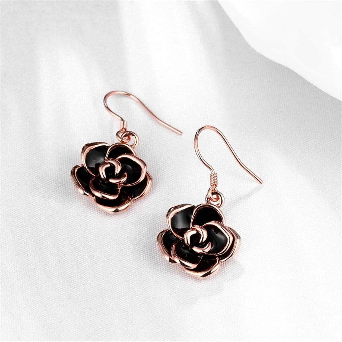 Artisan Black Enamel Rose Goldtone Rose Drop Earrings Pure