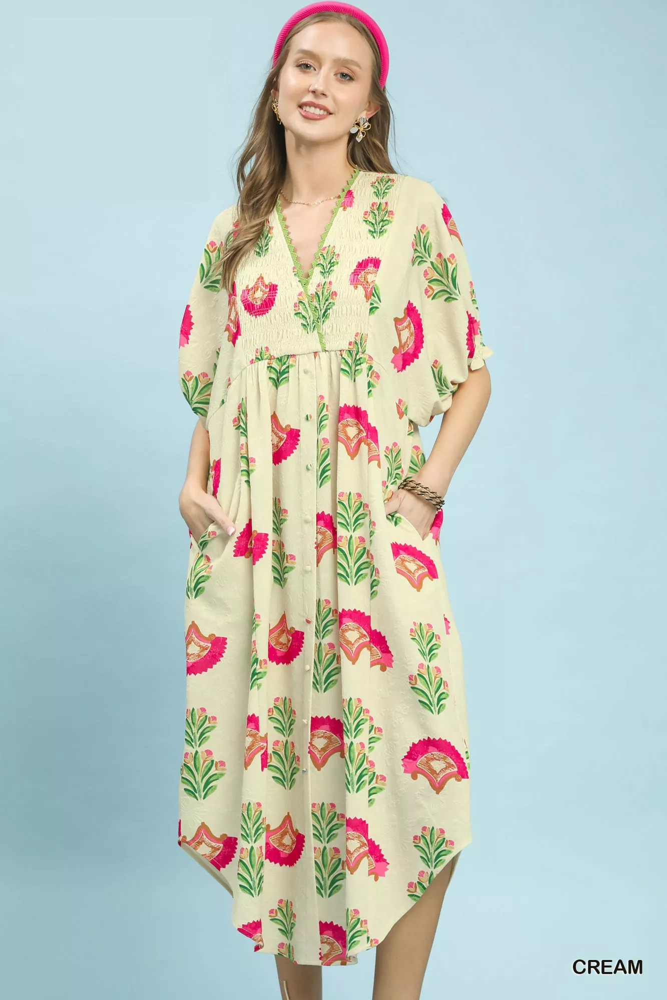 Verified Umgee Abstract Print V-Neck Midi Dress Detailed