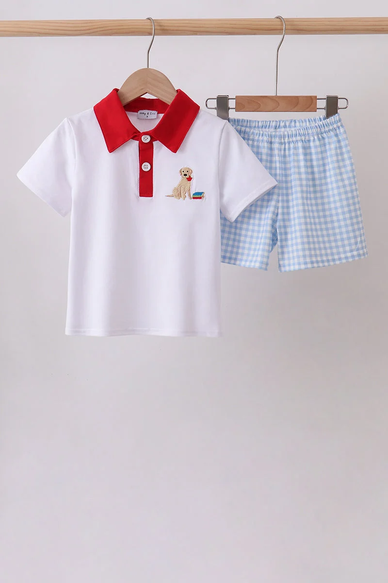 Unique Blue Puppy Embroidered Boys Shorts Set Comfortable