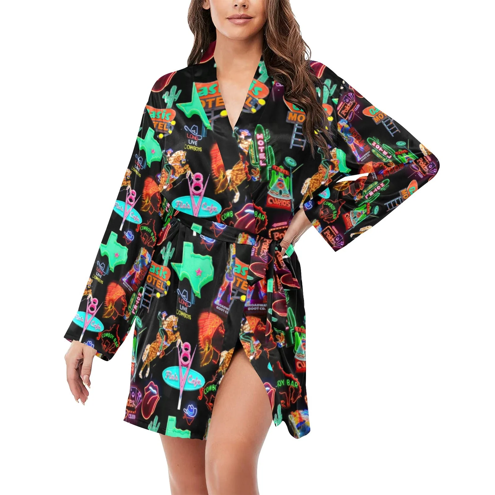 Casual Vegas Neon Women's Long Sleeve Belted Satin Feel Dressing Lounge Robe Modern