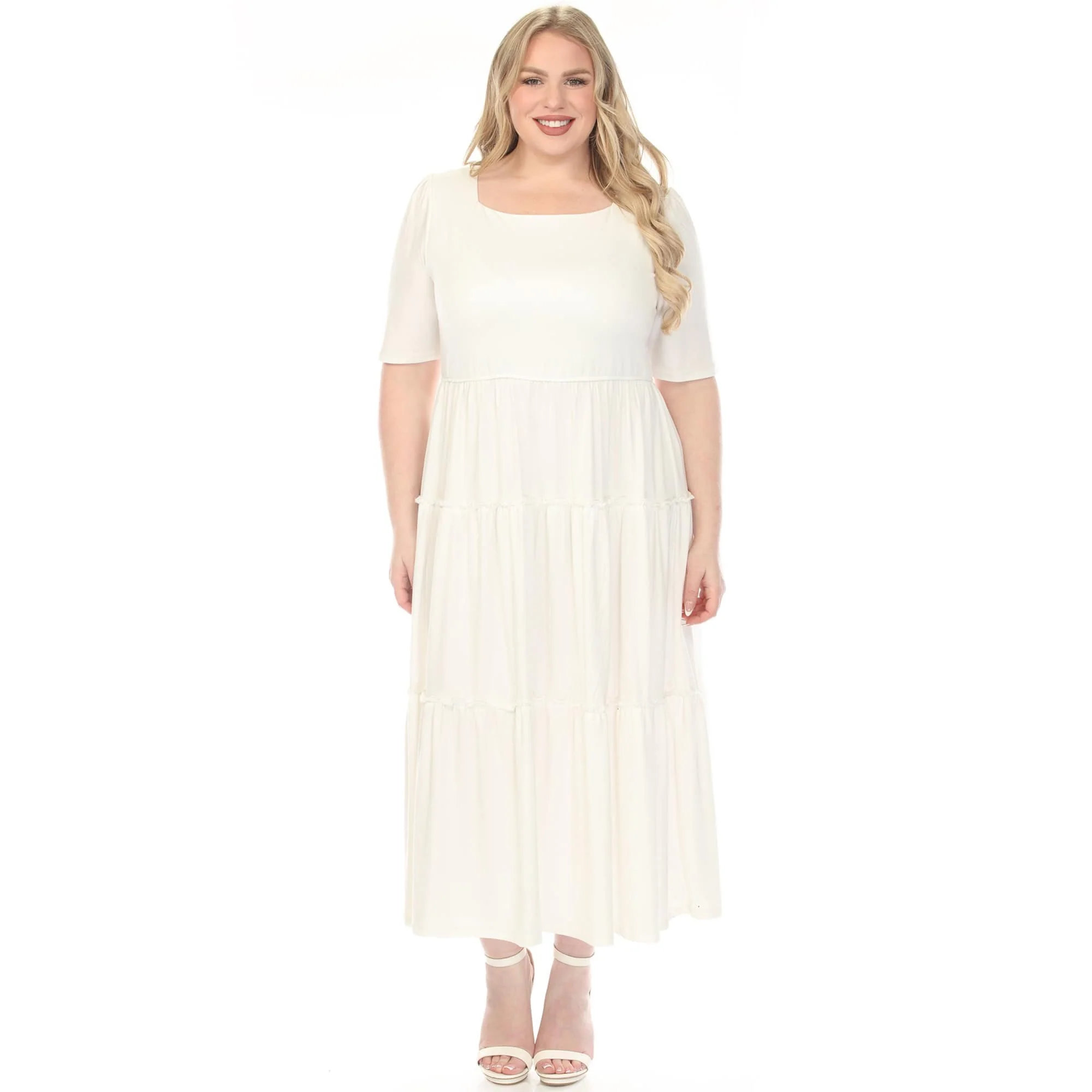 Verified Women's Plus Size Square Neck Short Sleeve Tiered Dress User-Friendly