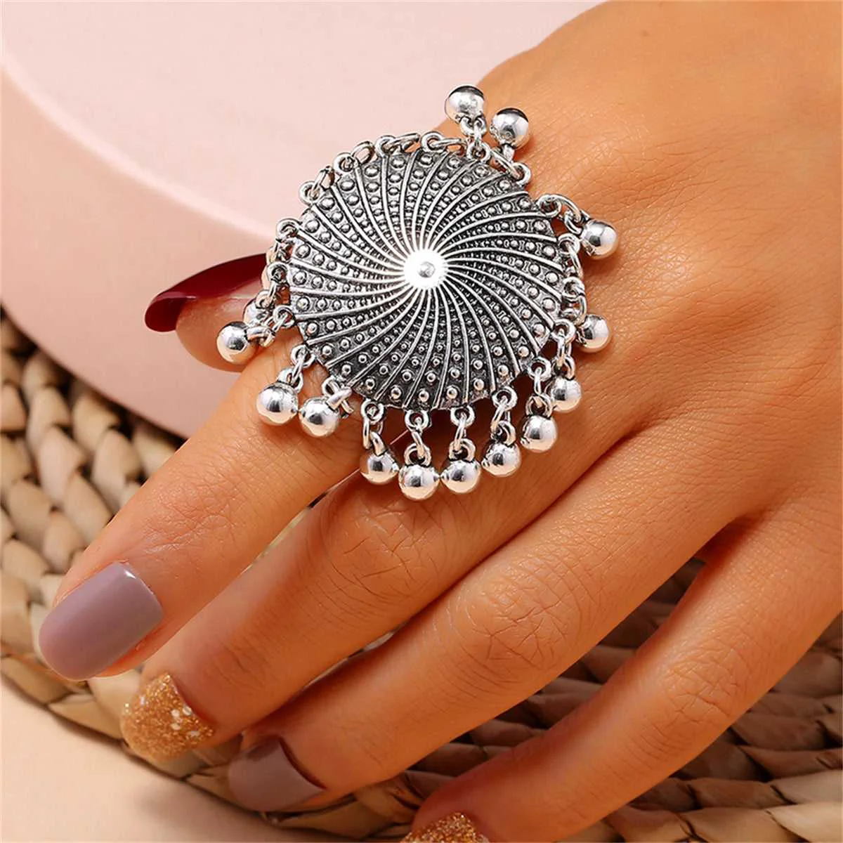 Refined Silvertone Bead Tassel Adjustable Ring Consistent