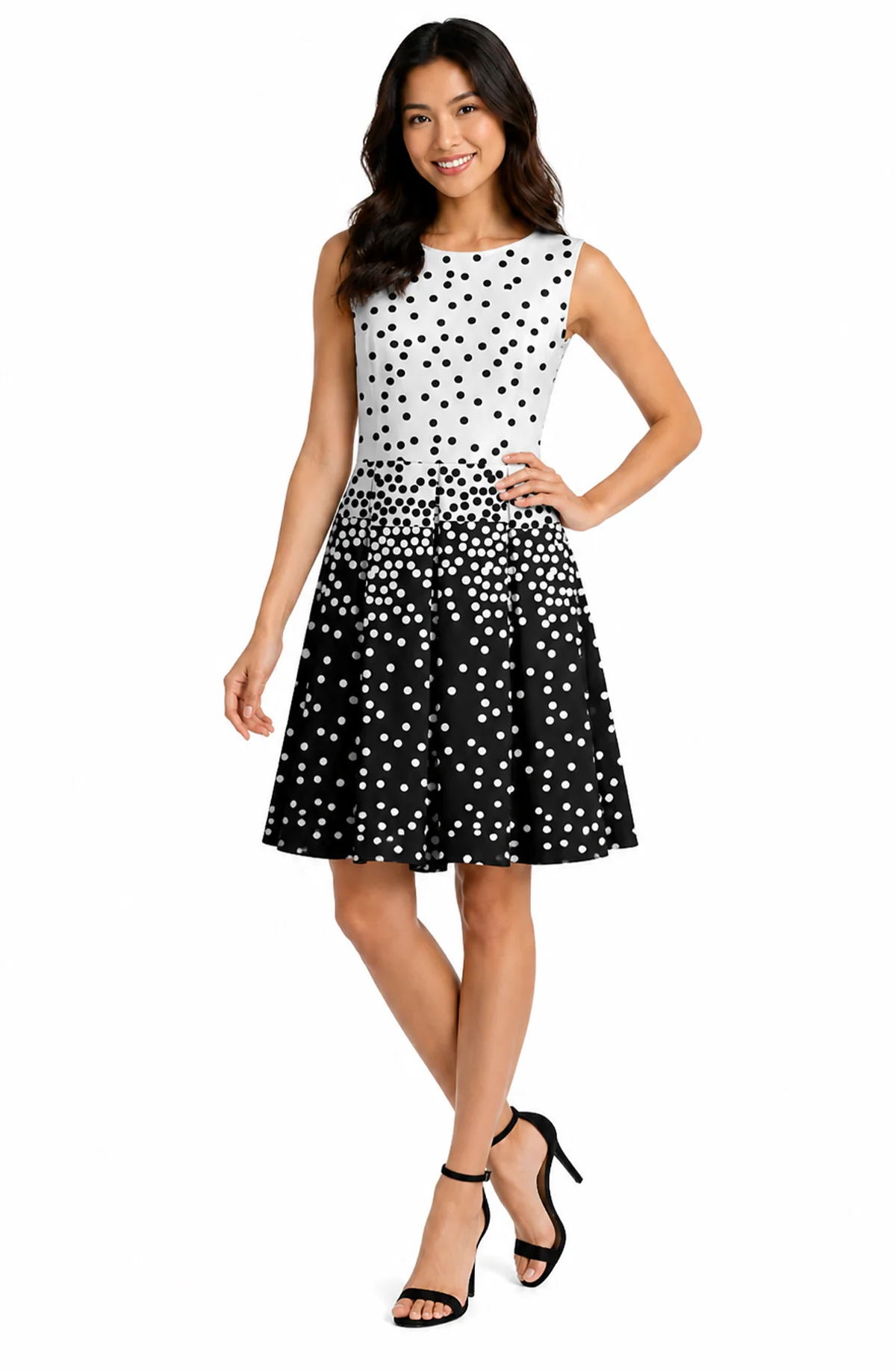 Verified Lily by Firmiana Women s Sleeveless Short Dress with Pleated Skirt Women s Apparel Black White Polka Dot Print Smart
