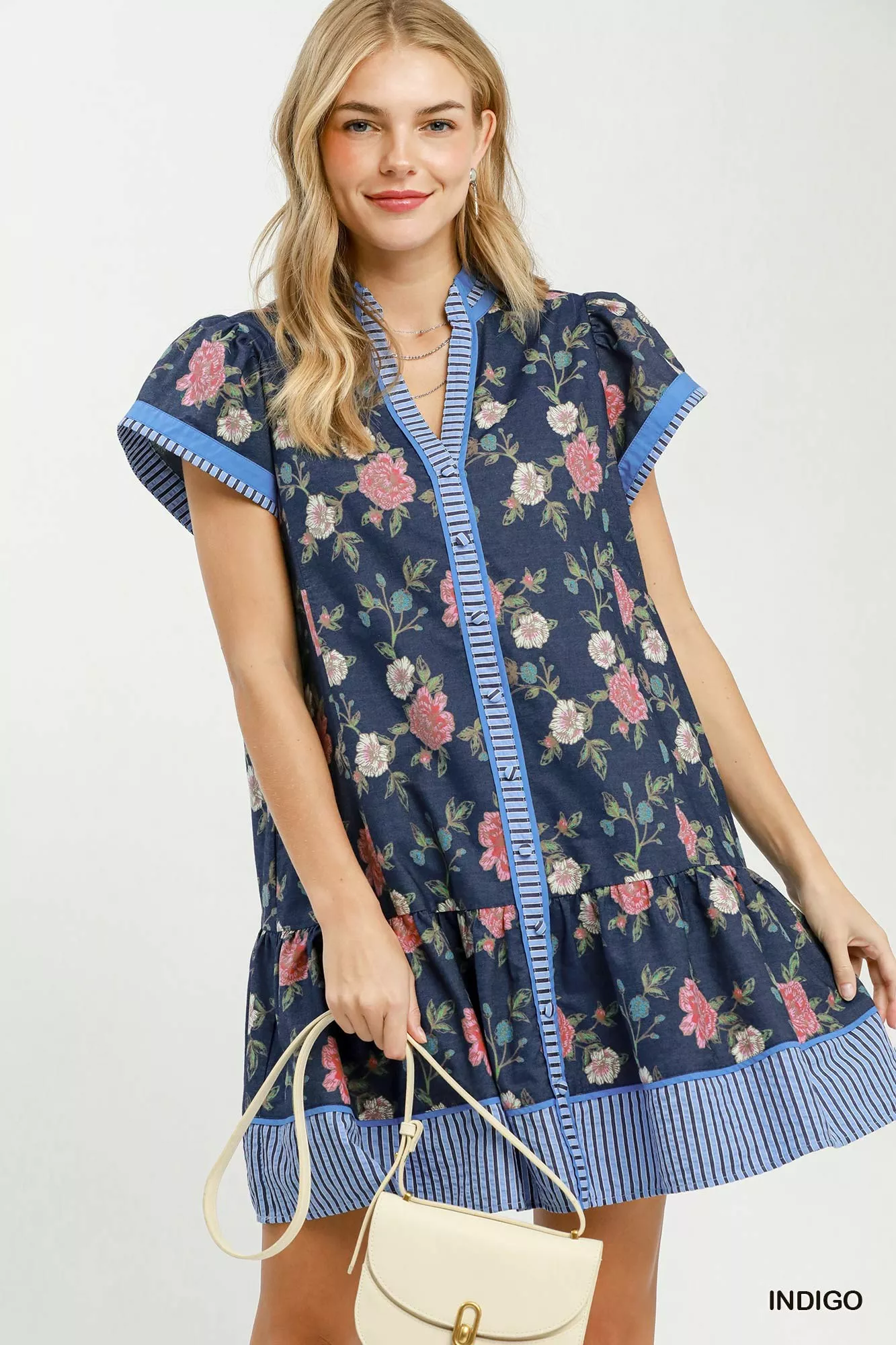 Sophisticated Umgee Floral Contrast Trim Ruffle Hem Mini Dress in Indigo Recyclable