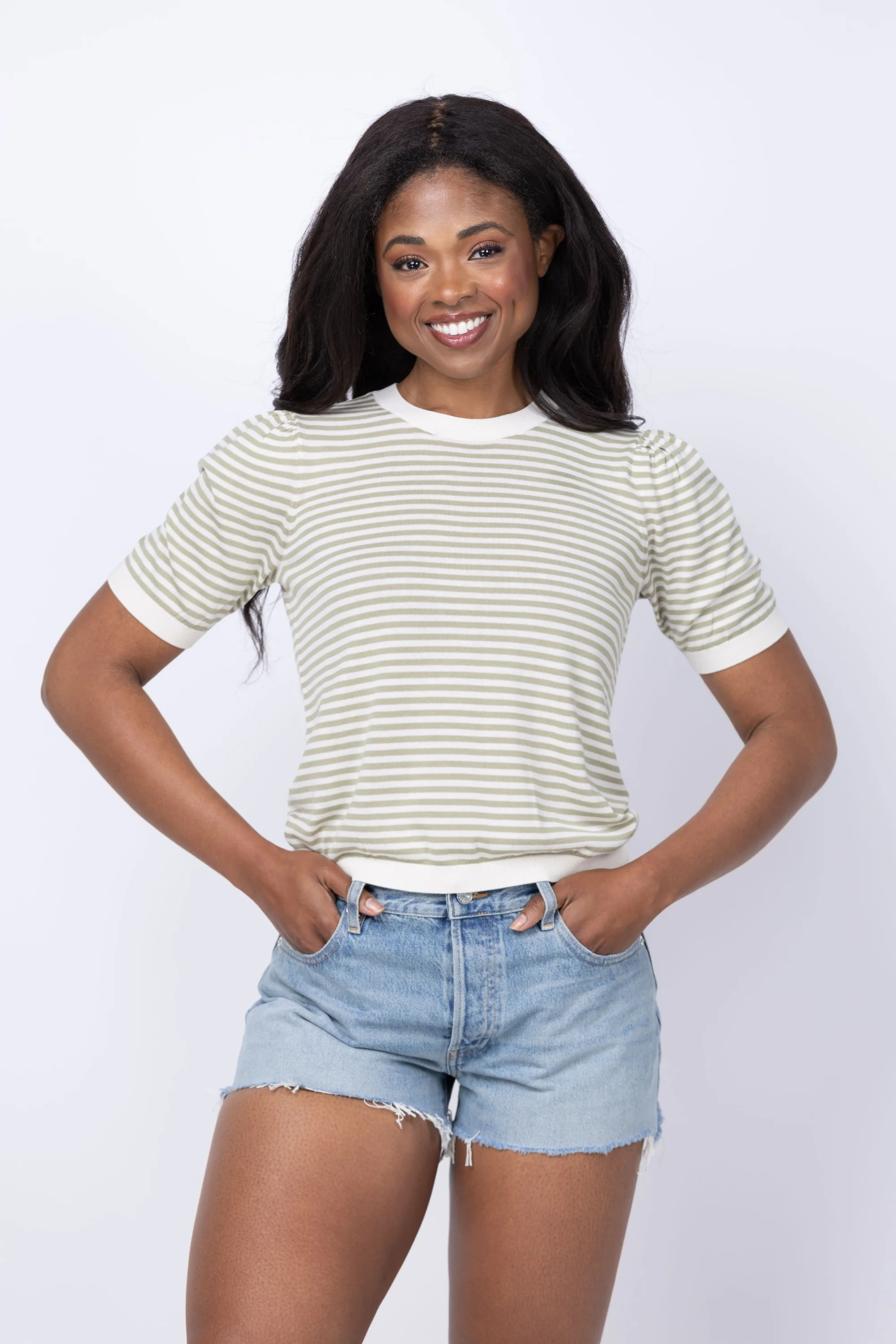 Clean FRAME The Striped Gather Sweater in Sage Multi Top-Quality
