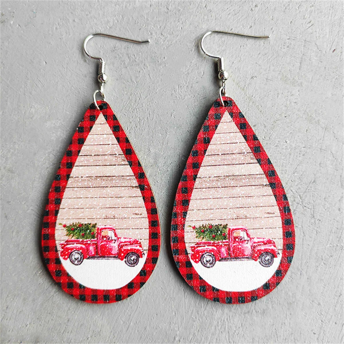 World-Class Red Plaid Vintage Christmas Truck Teardrop Earrings Smooth