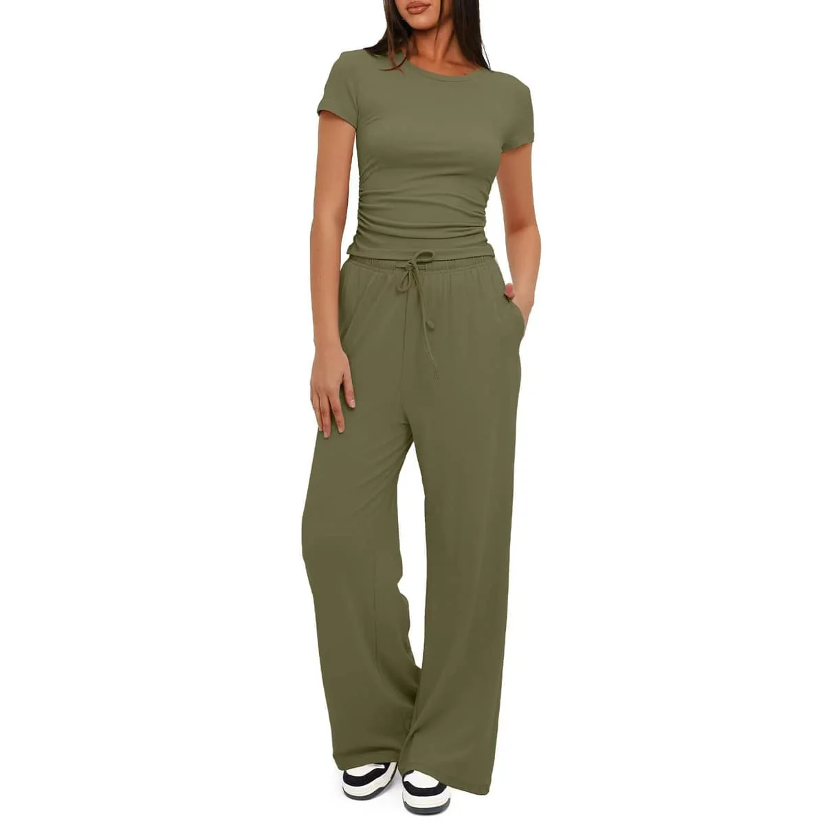 Enhanced 2 Piece Ruched Short Sleeve Wide Leg Pants Set Natural