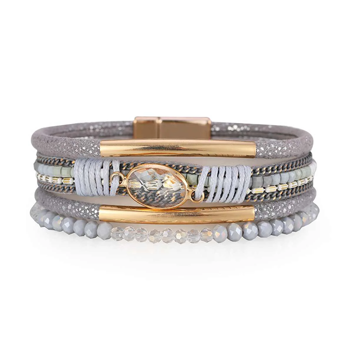 Smart Gray Crystal Polystyrene Goldtone Stacked Bracelet Secure