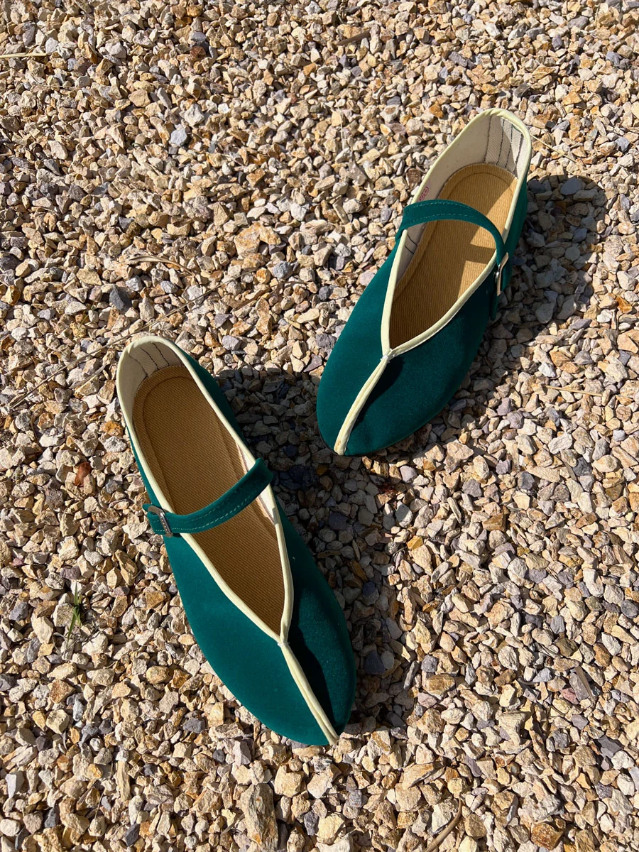 Innovative theater shoes with straps- emerald velvet and corn pipping Durable