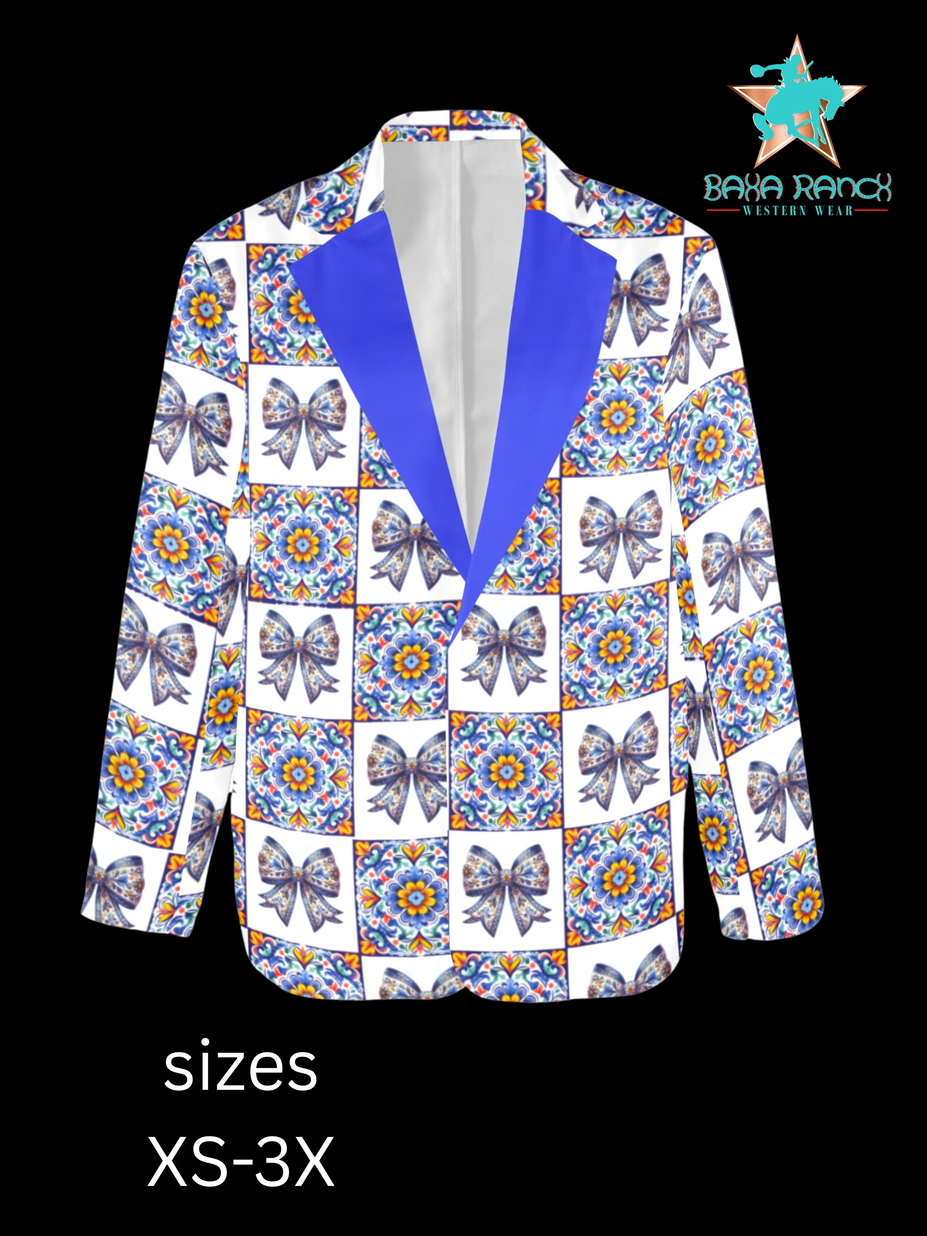 Eco-Friendly Blue Bow Talavera Floral Blazer Casual
