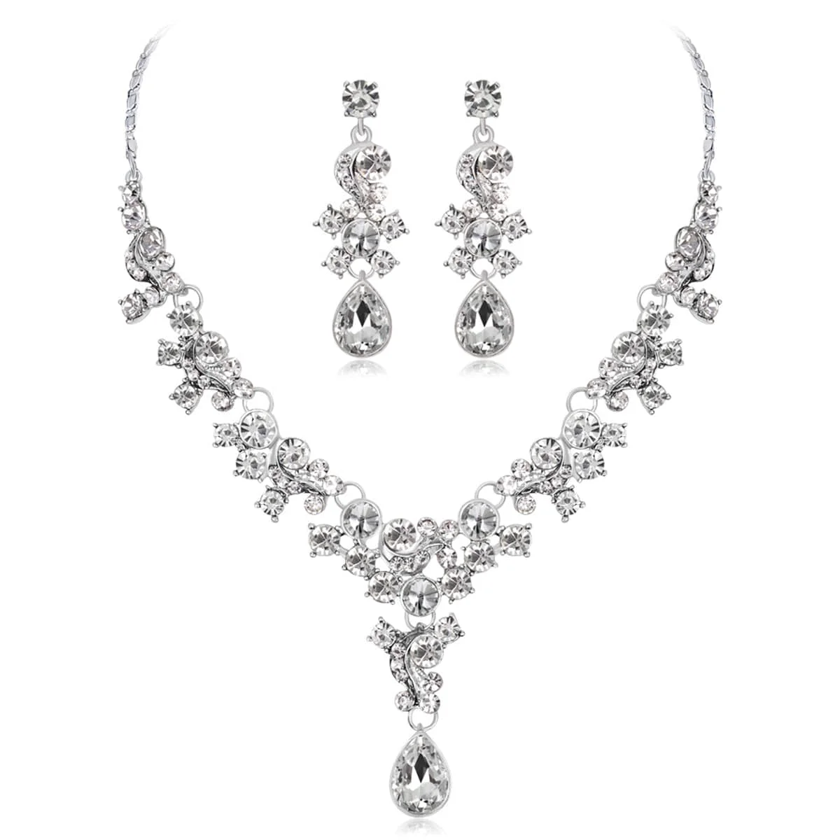 Advanced Clear Crystal Cubic Zirconia Flower Drop Earrings Necklace Set Excellent