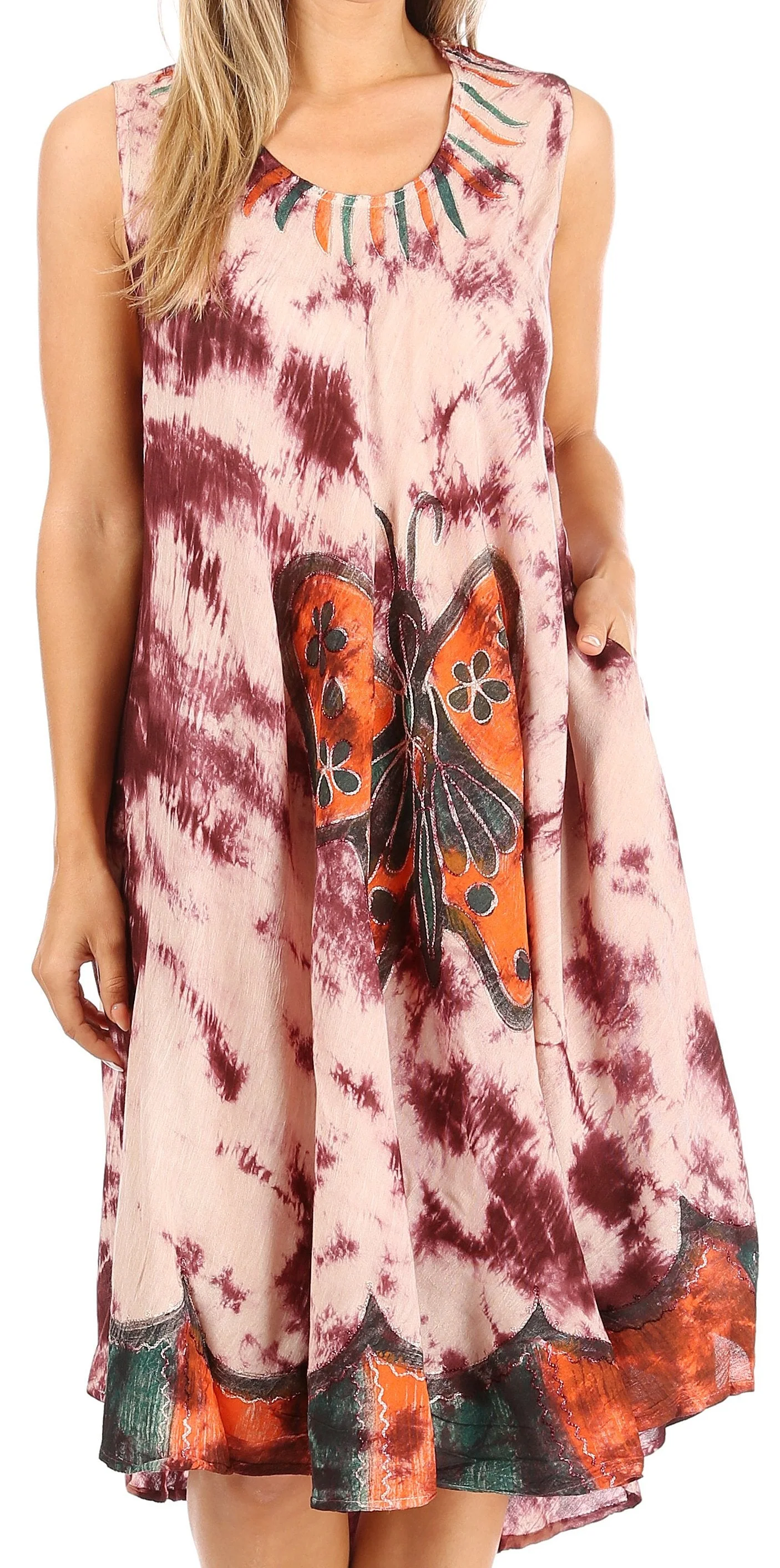 Stylish Sakkas Butterfly Tie Dye Tank Sheath Caftan Mid Length Dress Optimized