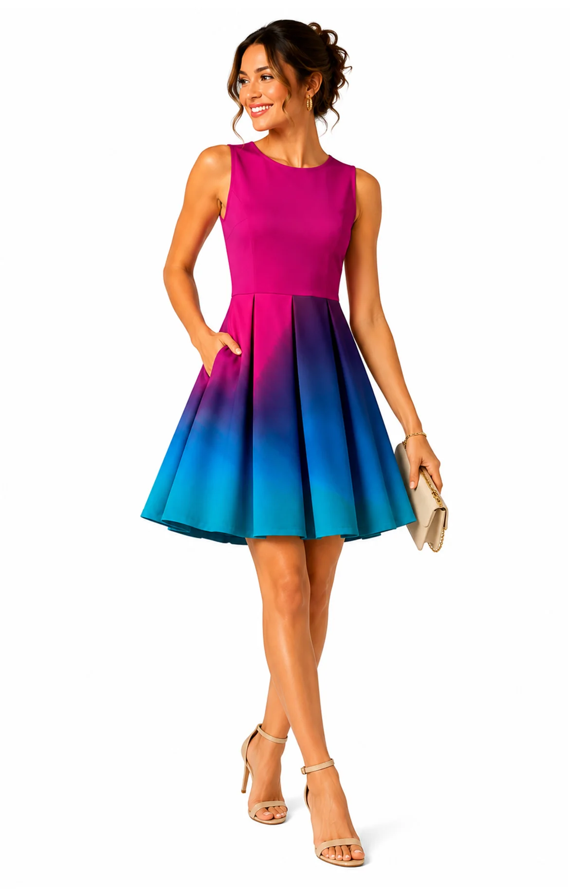 Superior Lily by Firmiana Women s Sleeveless Short Dress with Pleated Skirt Women s Apparel Pink Blue Ombre Print High-Grade