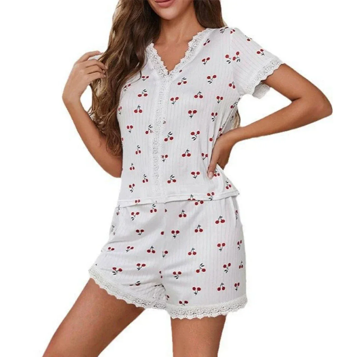 Clean Women's Sweet Lace Trim Cherry Print Pajama Set Exclusive