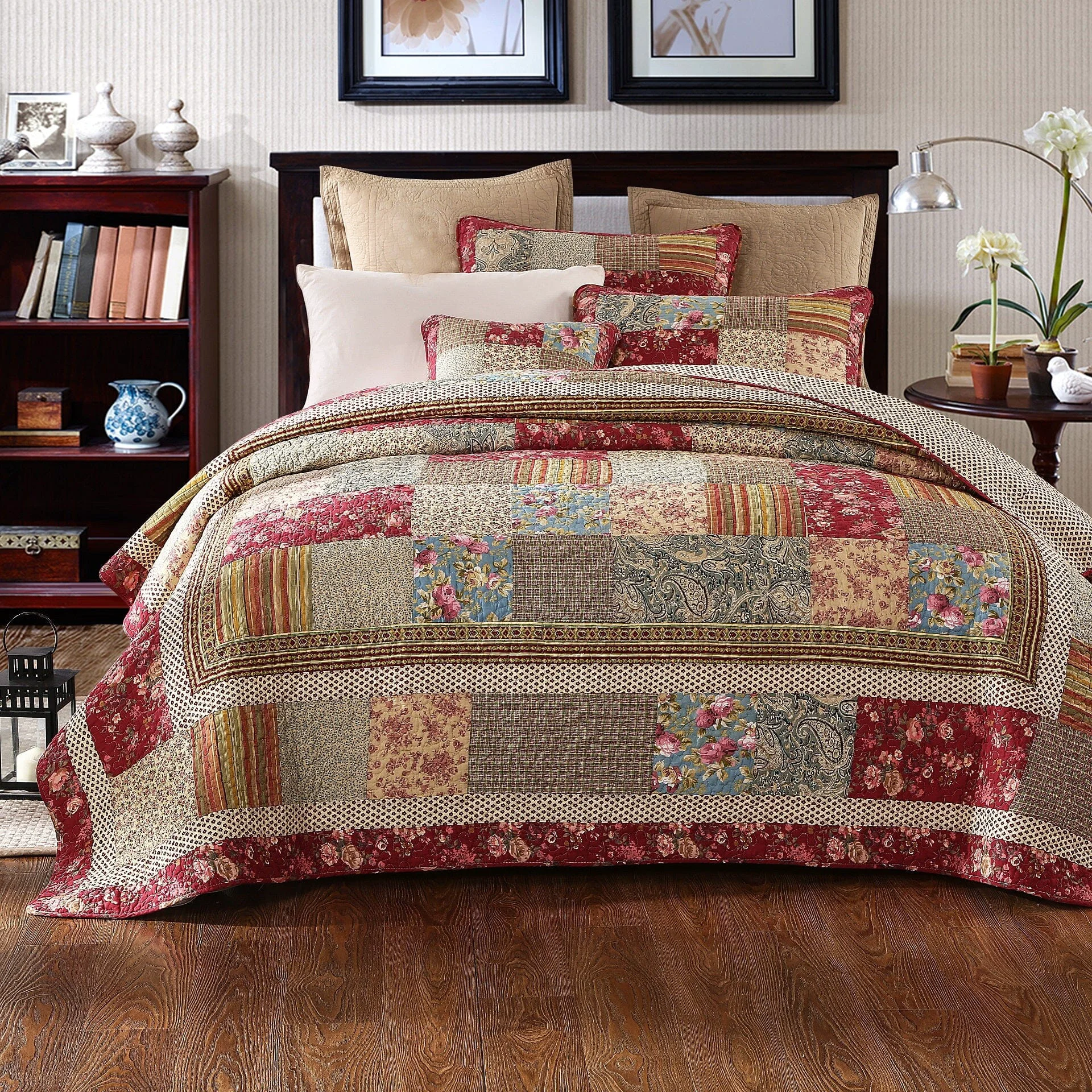Long-Lasting Tache Fairy Tale Tea Party Beige Burgundy Paisley Floral Cotton Patchwork Quilt Set DXJ103443 Smart