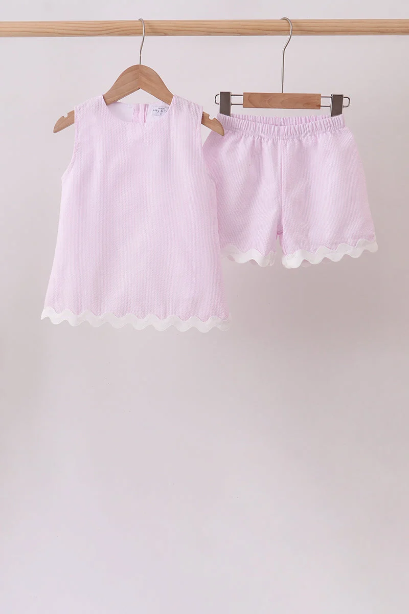 Convenient Pink Seersucker Stripe Scalloped Shorts Set Smooth