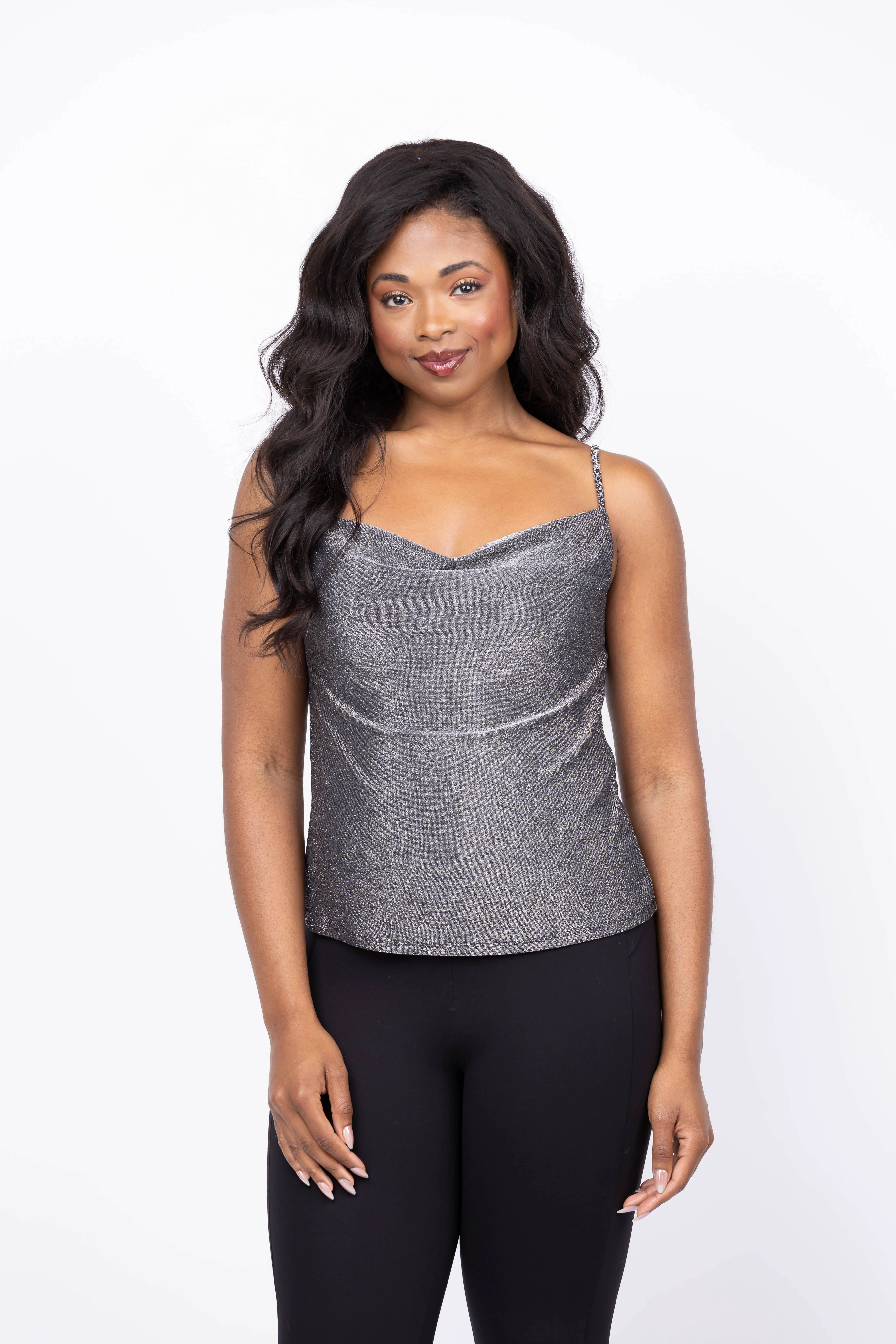 Clean Ramy Brook Carla Metallic Cowl Neck Camisole in Silver Knit World-Class