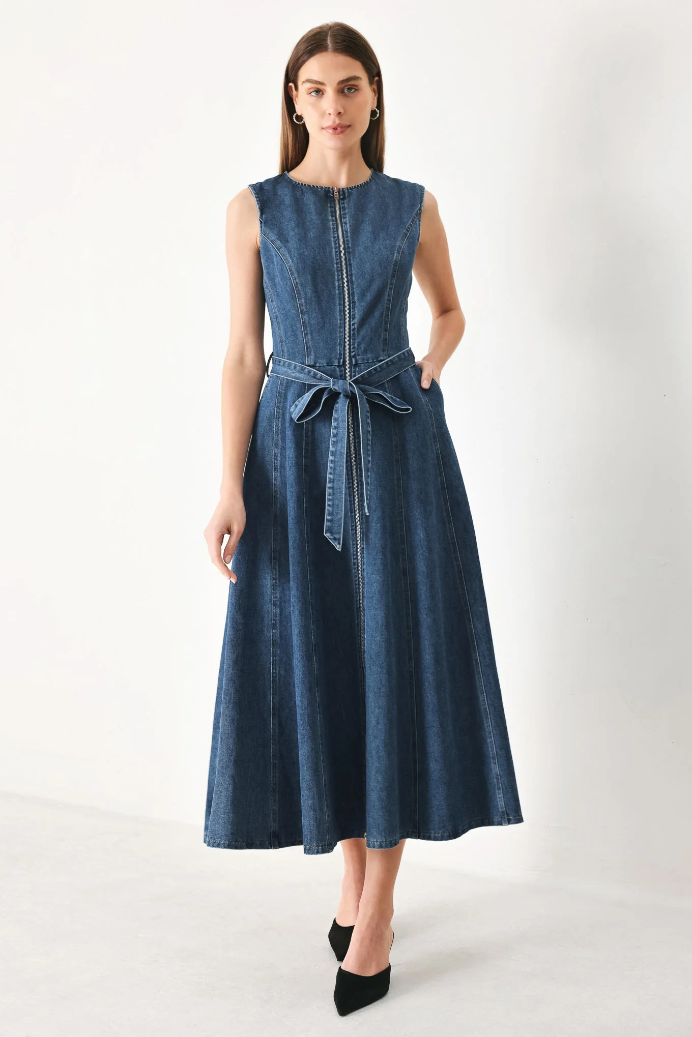 Breathable Indigo Silhouette Denim Midi Dress Luxury