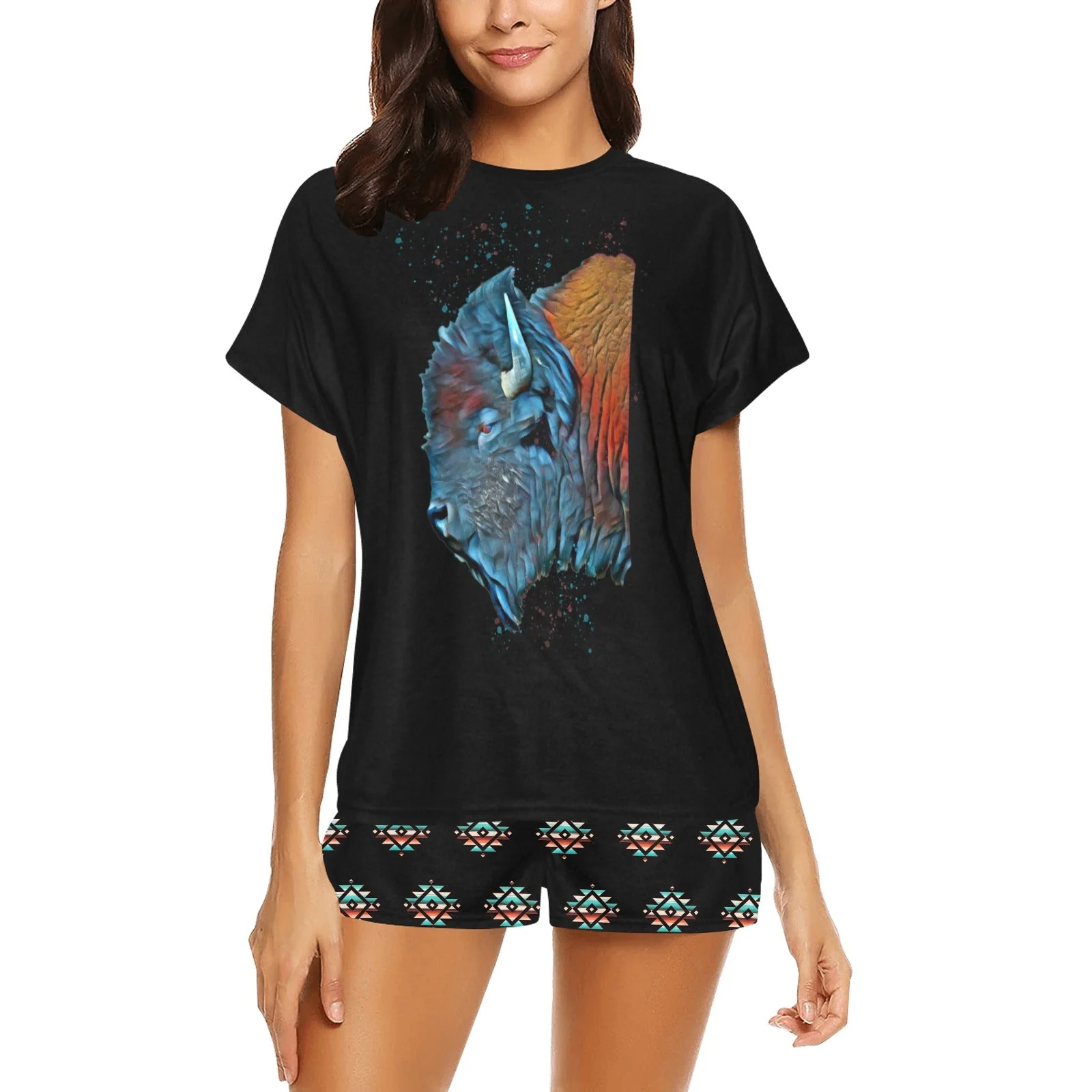 Elegant Native Buffalo Women's Western Top and Short Pajama Set High-End