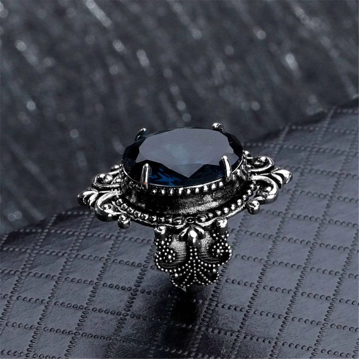 Breathable Blue Crystal Silvertone Oval Filigree Ring Premium