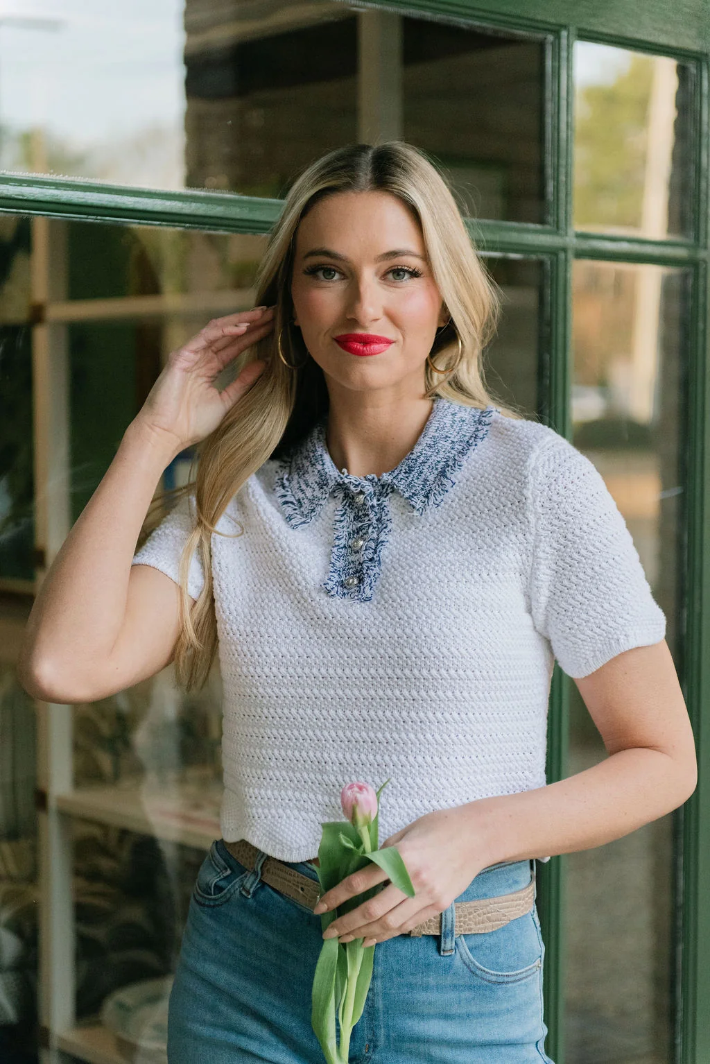 Original Design Central Park West Wren Scallop Edge Crochet Polo in Navy Combo High-End