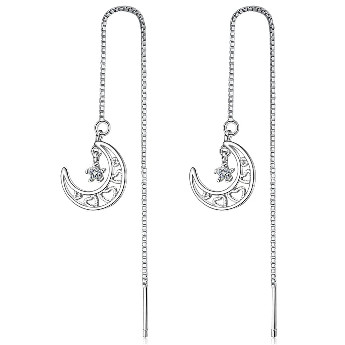 Verified Cubic Zirconia Silvertone Heart Moon Threader Earrings Fashionable