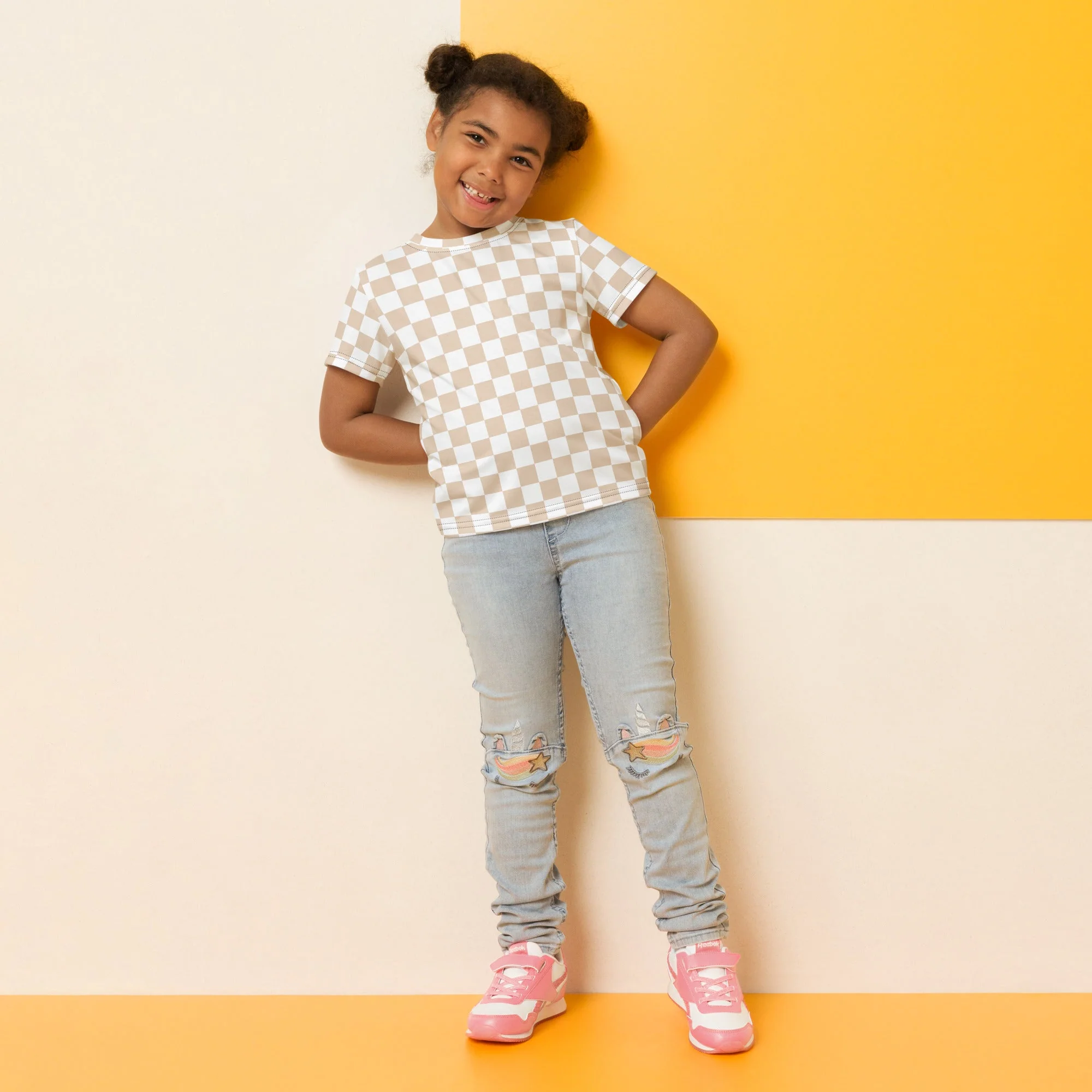 Consistent Checkered Tan White Toddler Kids Crew Neck T-shirt Long-Lasting