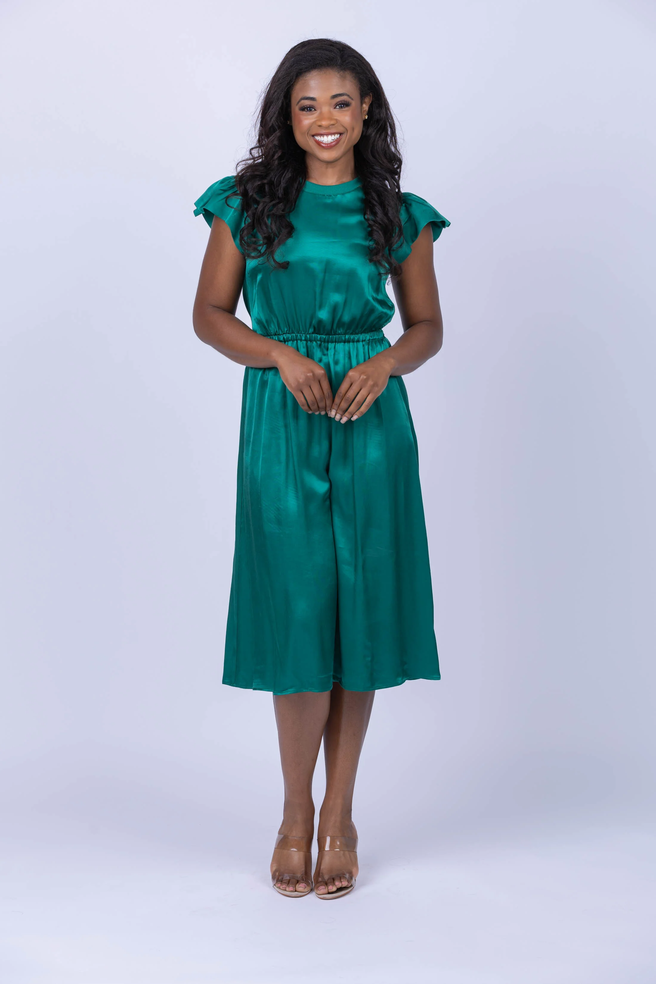 Convenient Nation Ltd Ruby Flutter Sleeve Dress in Emerald Breathable