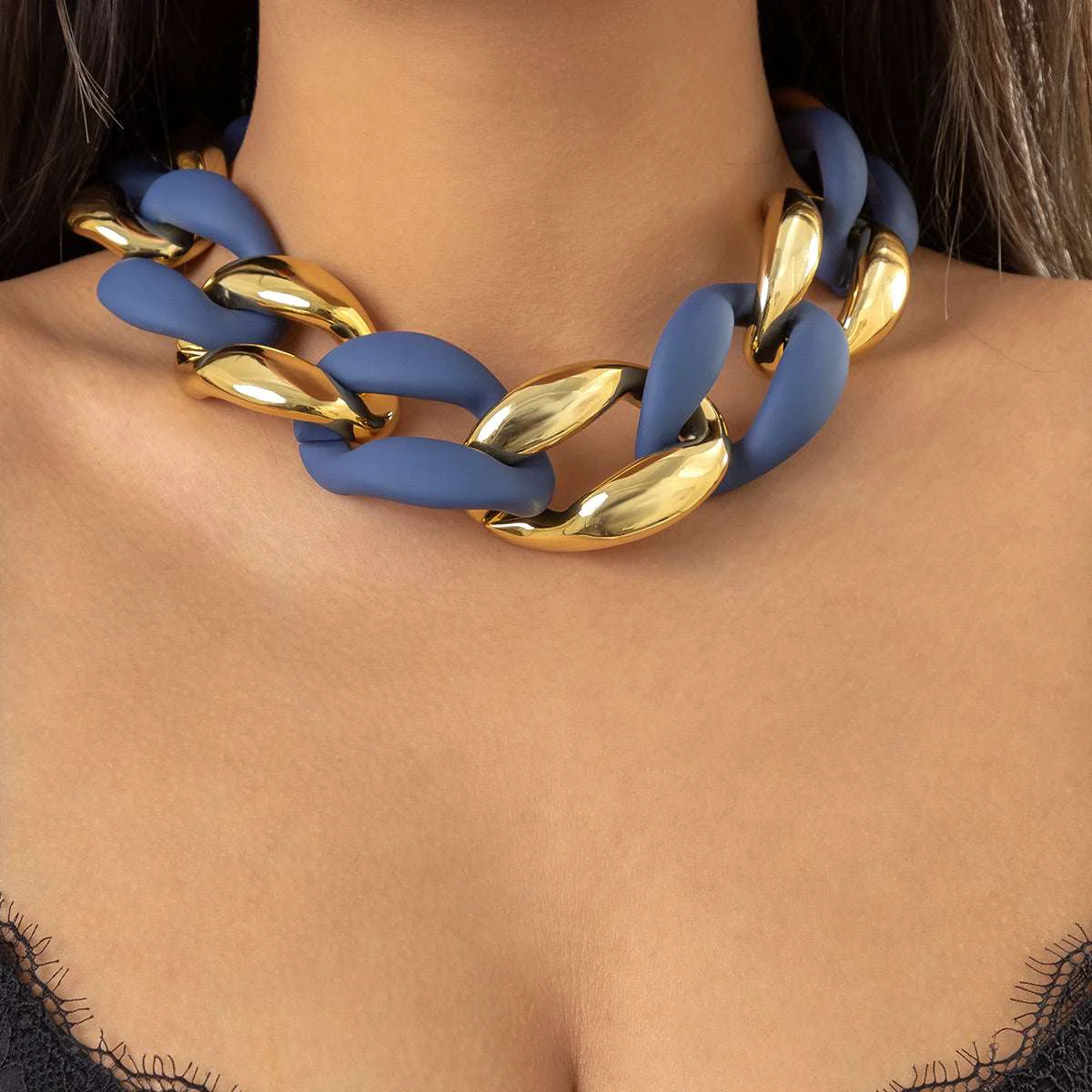 World-Class Navy Acrylic Goldtone Curb Chain Necklace Relaxed