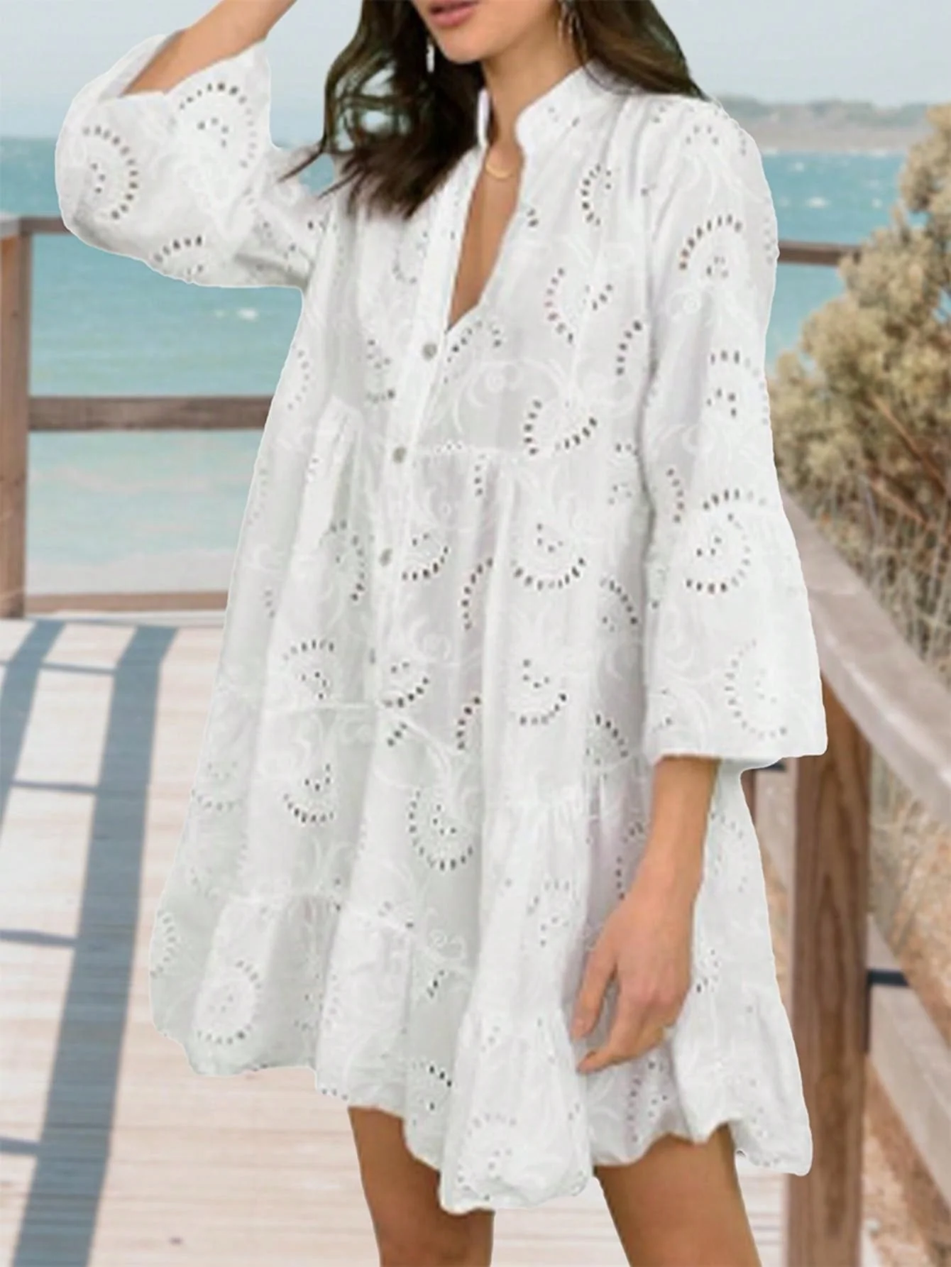 Natural Boho Retro Vintage Cotton Solid White Embroidered Hollow Tiered Button Front Flounce Sleeve V Neck Dress Relaxed