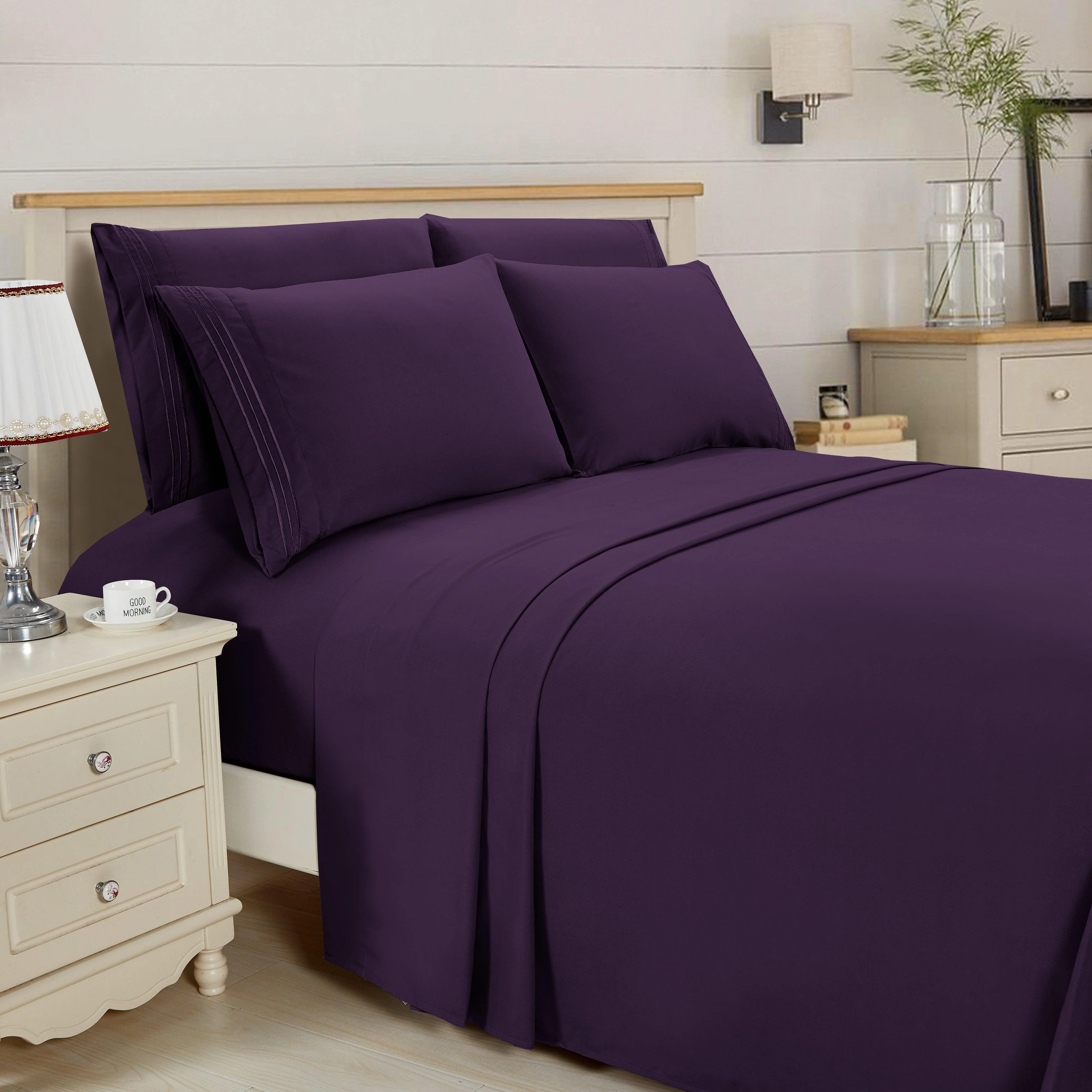 Smart Elegant Comfort Essential 6-Piece 3-Line Embroidery Sheet Set Soft as a Hotel Premium Quality Moody Shades Prestigious