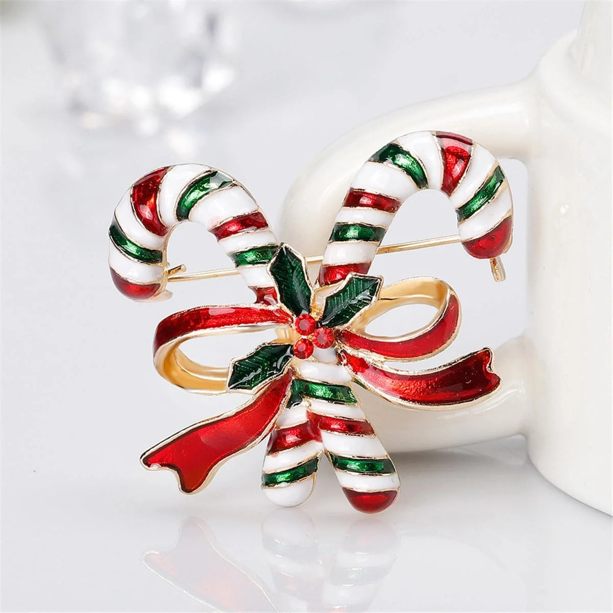 Versatile Red Goldtone Bow Double Candy Cane Crutch Brooch Smooth
