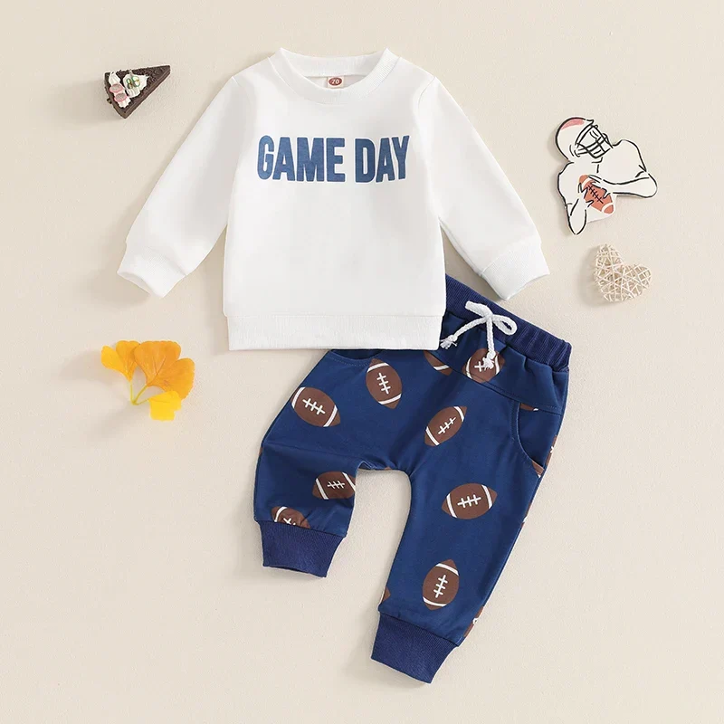 Expertly Made Baby Toddler Boys 2Pcs Game Day Autumn Outfit Long Sleeve Letter Print Pullover Tops Football Print Long Pants SetSPECIFICATIONS Premium