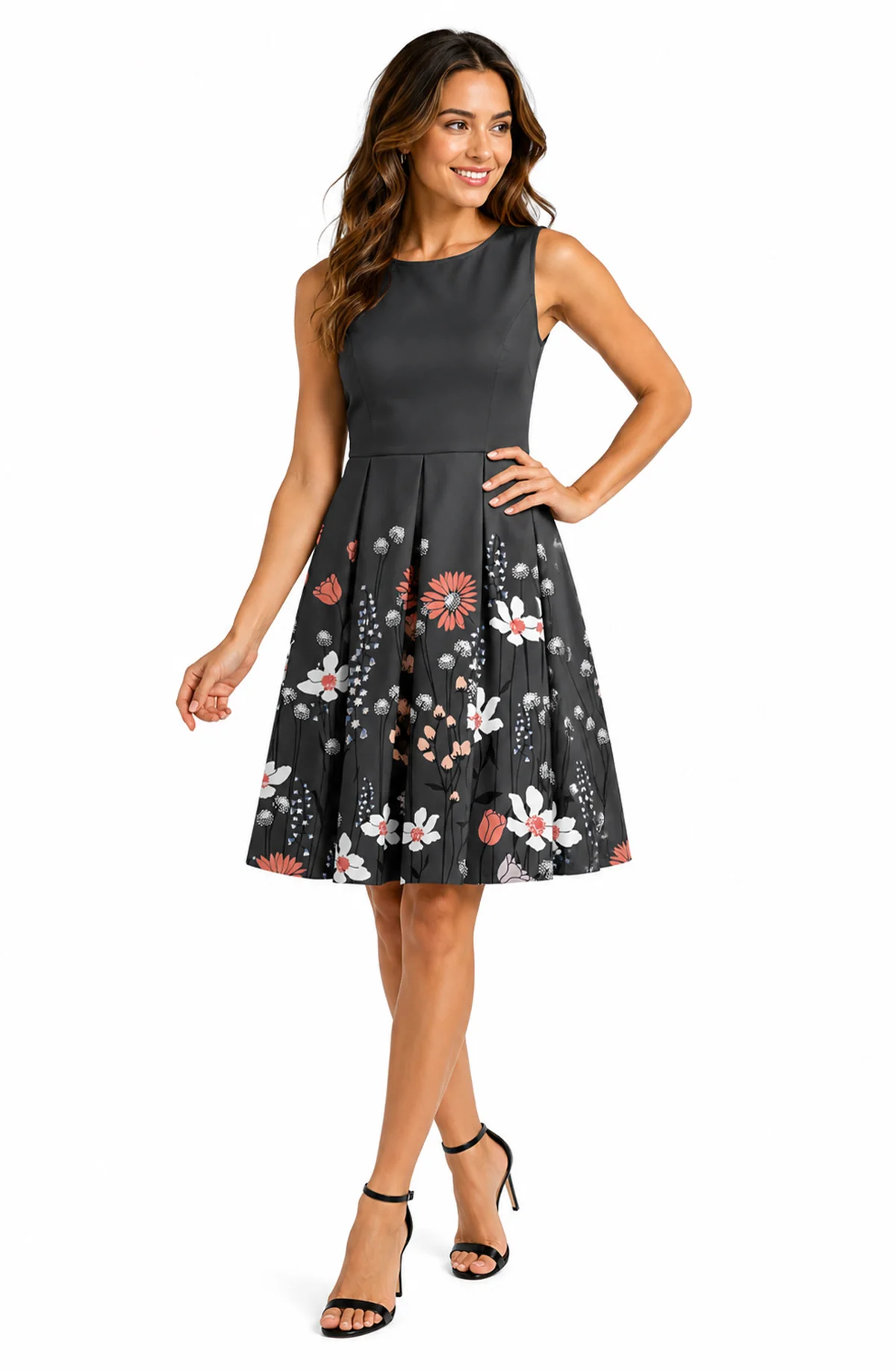 Crafted Lily by Firmiana Women s Sleeveless Short Dress with Pleated Skirt Women s Apparel Charcoal Floral Border Print Reusable