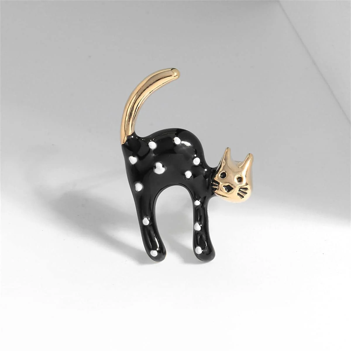 Artisan Black Enamel Goldtone Spot Cat Brooch Quality