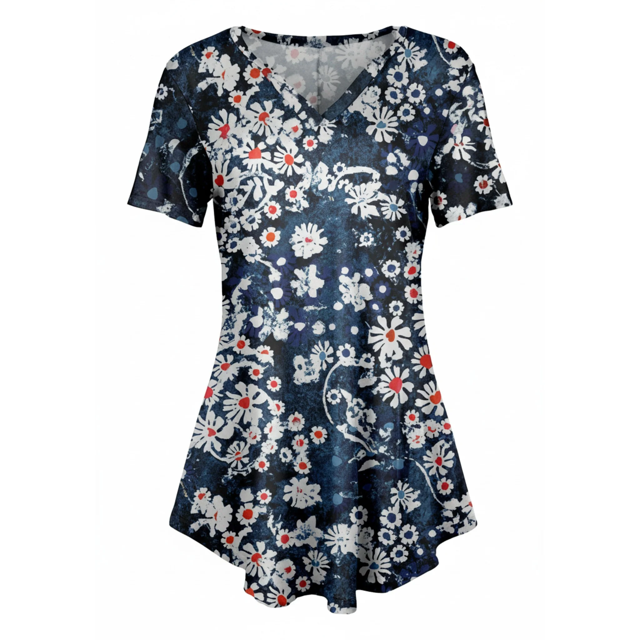 Smooth Lily by Firmiana Women's Short Sleeve Notch Neck Tunic Navy Blue and White Daisy Selected