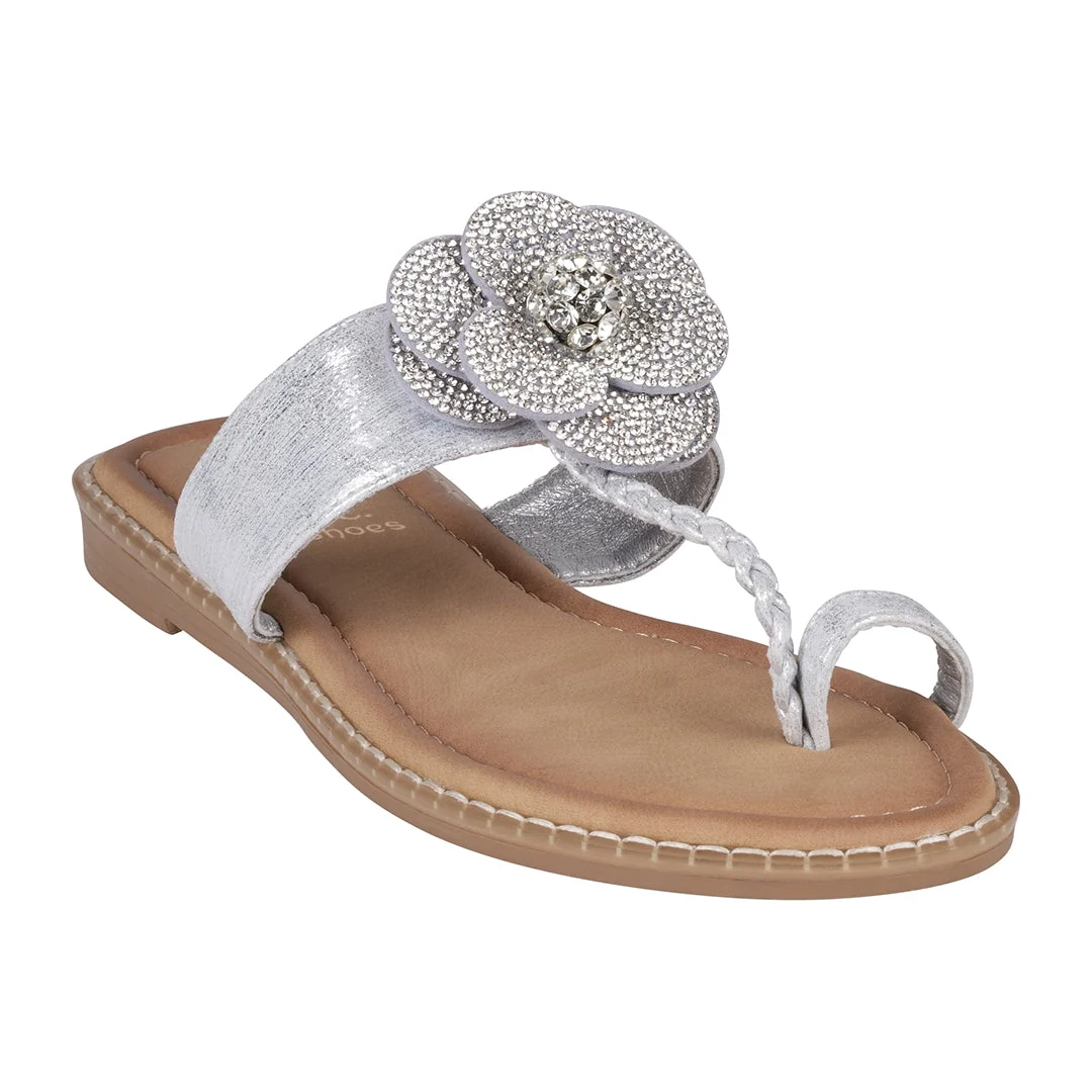 High-Performance Women's Blossom Silver Embellished Flower Toe Ring Flat Sandals First-Class