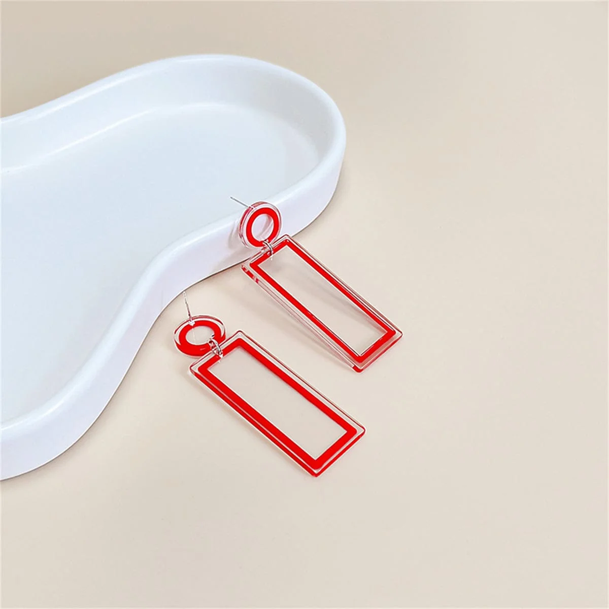 Versatile Red Acrylic Silvertone Open Rectangle Drop Earrings Top-Quality