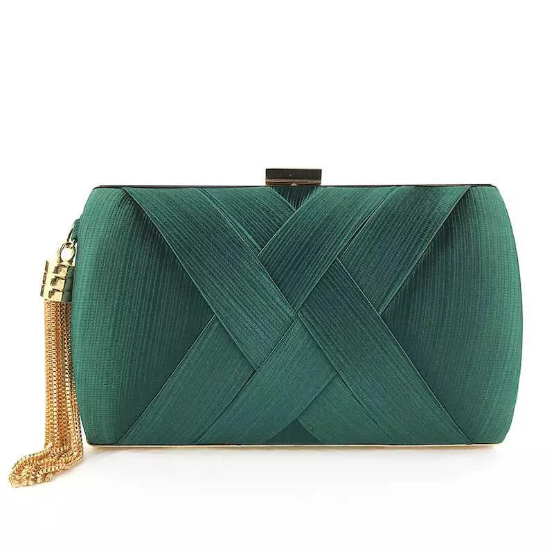 Healthy Goldtone And Emerald Clutch With Tassel Carefully Designed