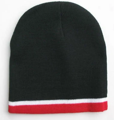 Breathable Men's Knitted Black with Red Stripe Beanie Hat Cap Modern