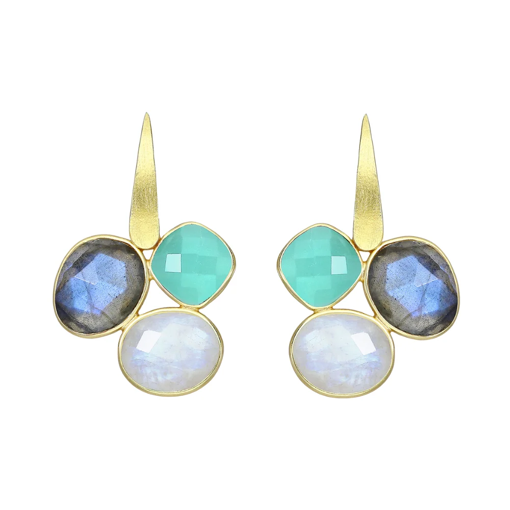 World-Class Sterling Silver Gold Plated Blue Mix Stone CZ Faceted Geometric Clustered Bar Stud Drop Earrings Environmentally Friendly