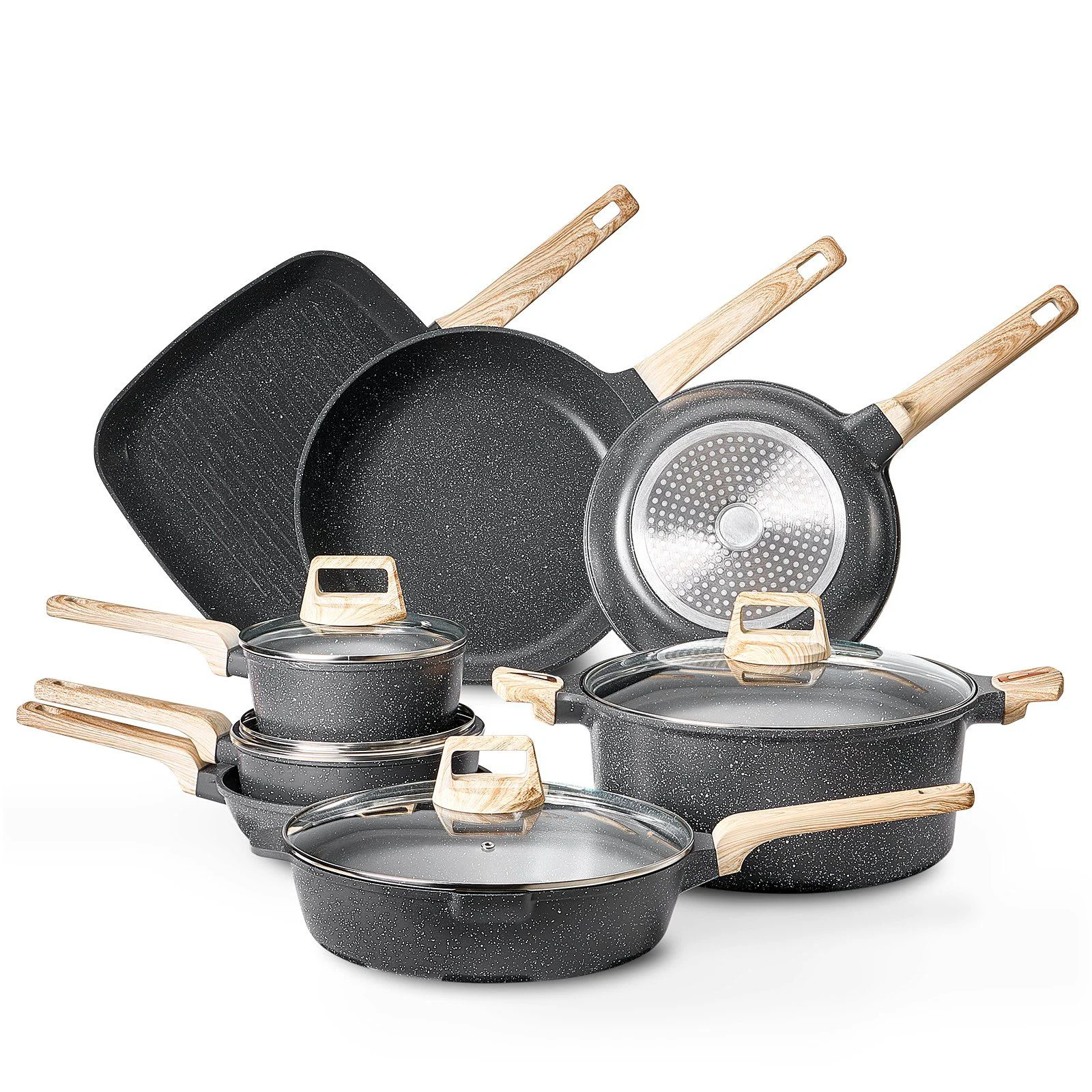 Proven VEVOR 19 Piece Pots and Pans Set Granite Nonstick Kitchen Cookware Induction Black - Black Traditional