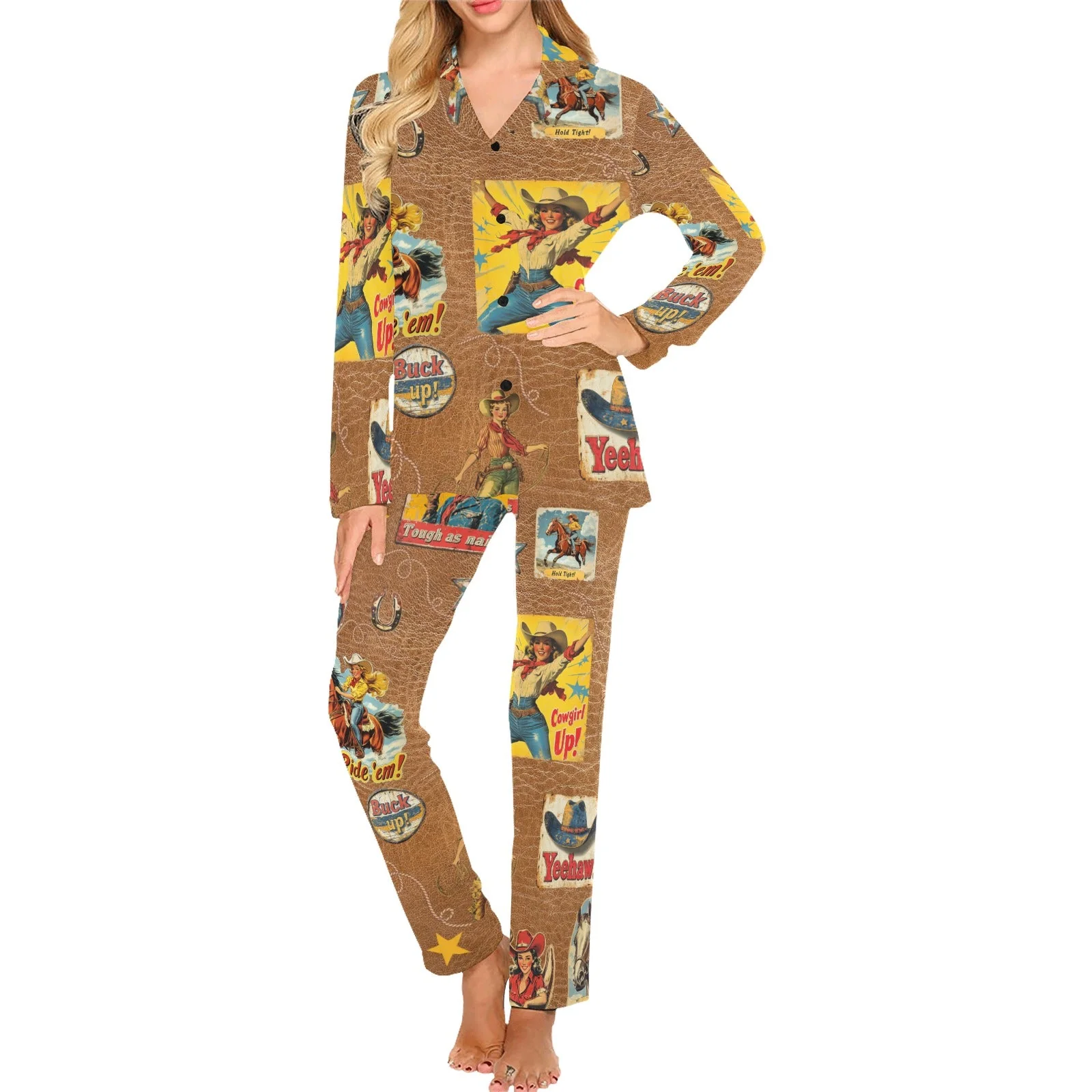 Functional Baha Ranch Vintage Cowgirl Collage Pajama Set Traditional