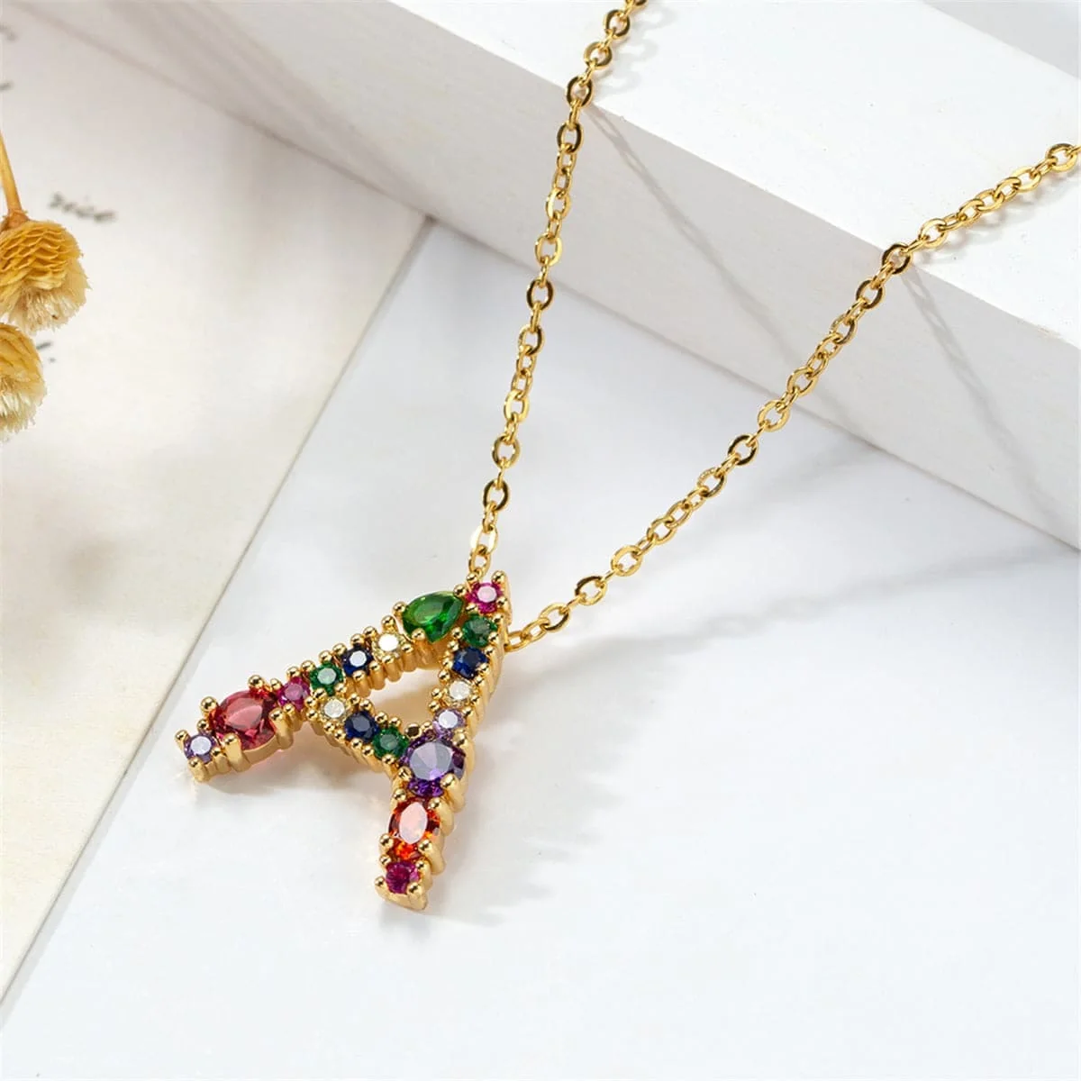 Advanced Red Multicolor Crystal Cubic Zirconia Letter A Pendant Necklace Premium