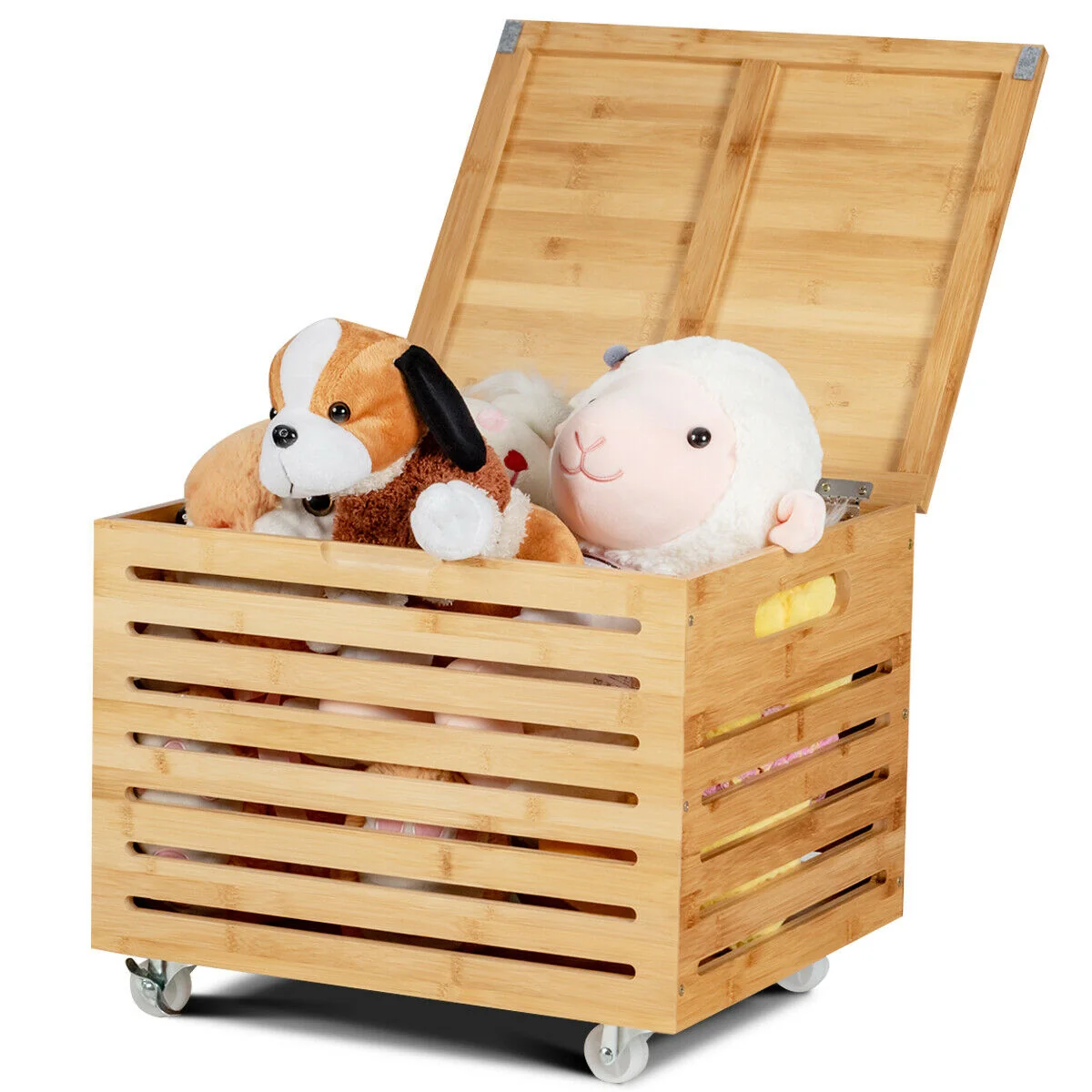 Functional Portable Rolling Large Wooden Toy Storage Chest Box Pure